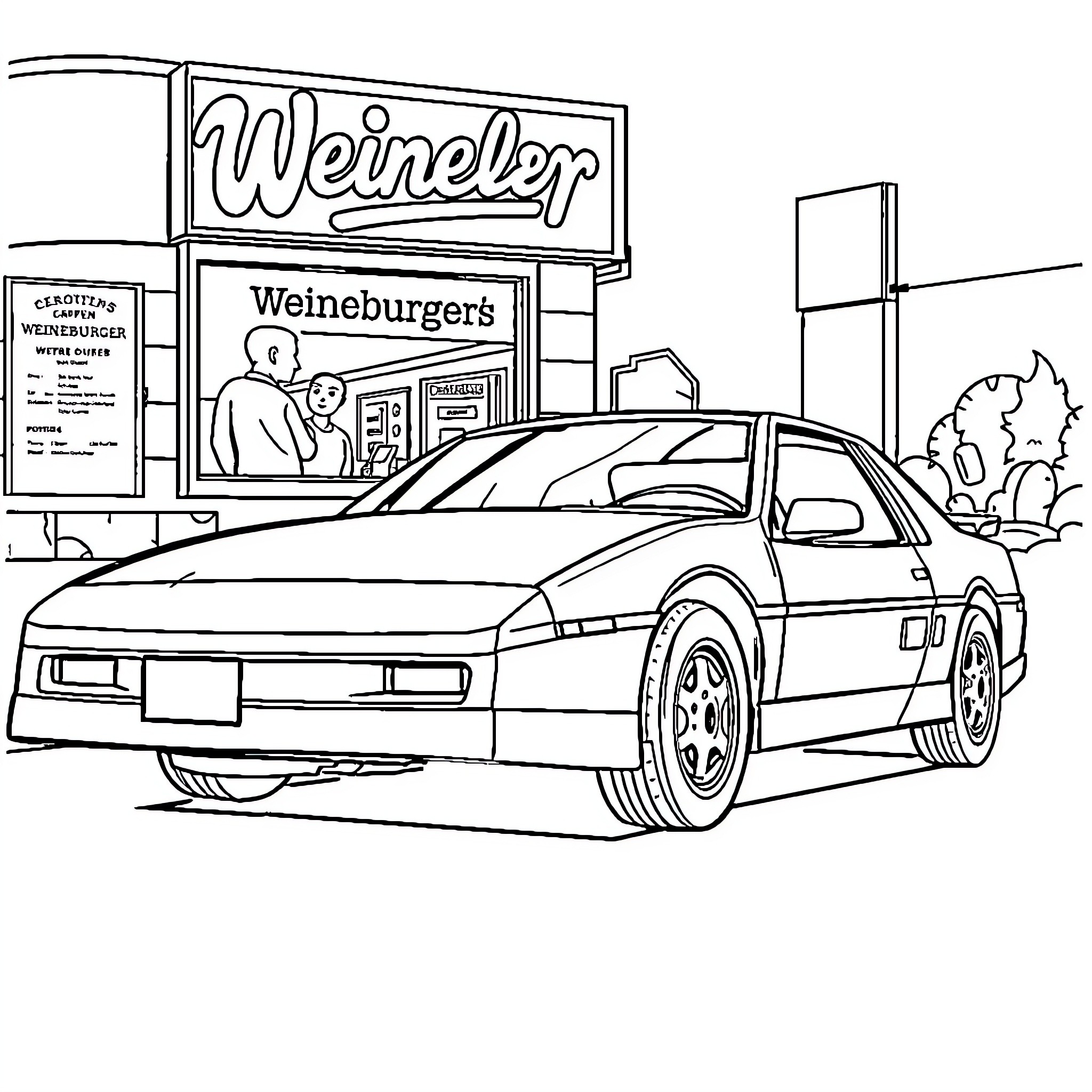 Pontiac sports car parked outside Weinberger's Weiners Coloring Page (free black-and-white line drawing printable PDF for all, from beginners to advanced learners, including children, teens, adults, and seniors)