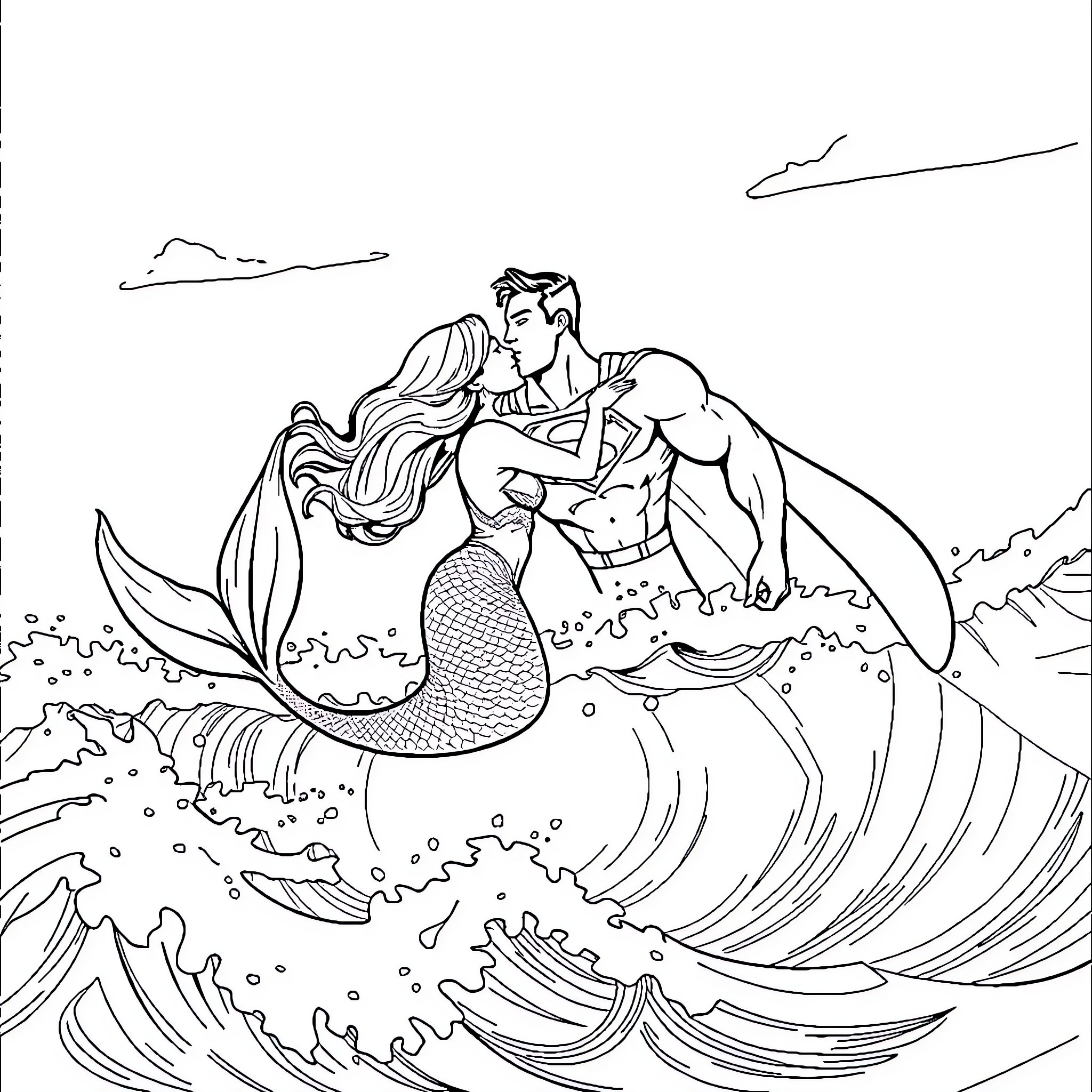Mermaid and her lover embracing in the ocean Coloring Page (free black-and-white line drawing printable PDF for all, from beginners to advanced learners, including children, teens, adults, and seniors)
