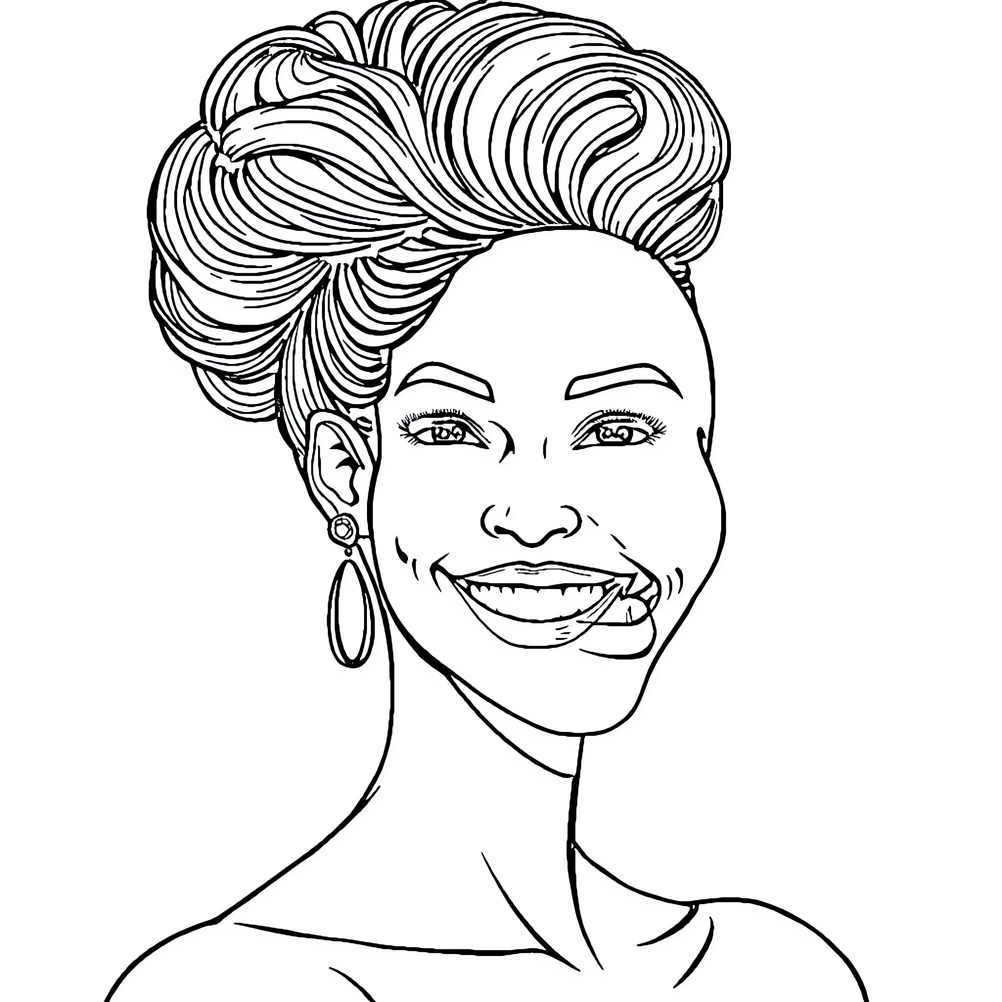 Woman with stylized hairstyle and earrings Coloring Page (free black-and-white line drawing printable PDF for all, from beginners to advanced learners, including children, teens, adults, and seniors)