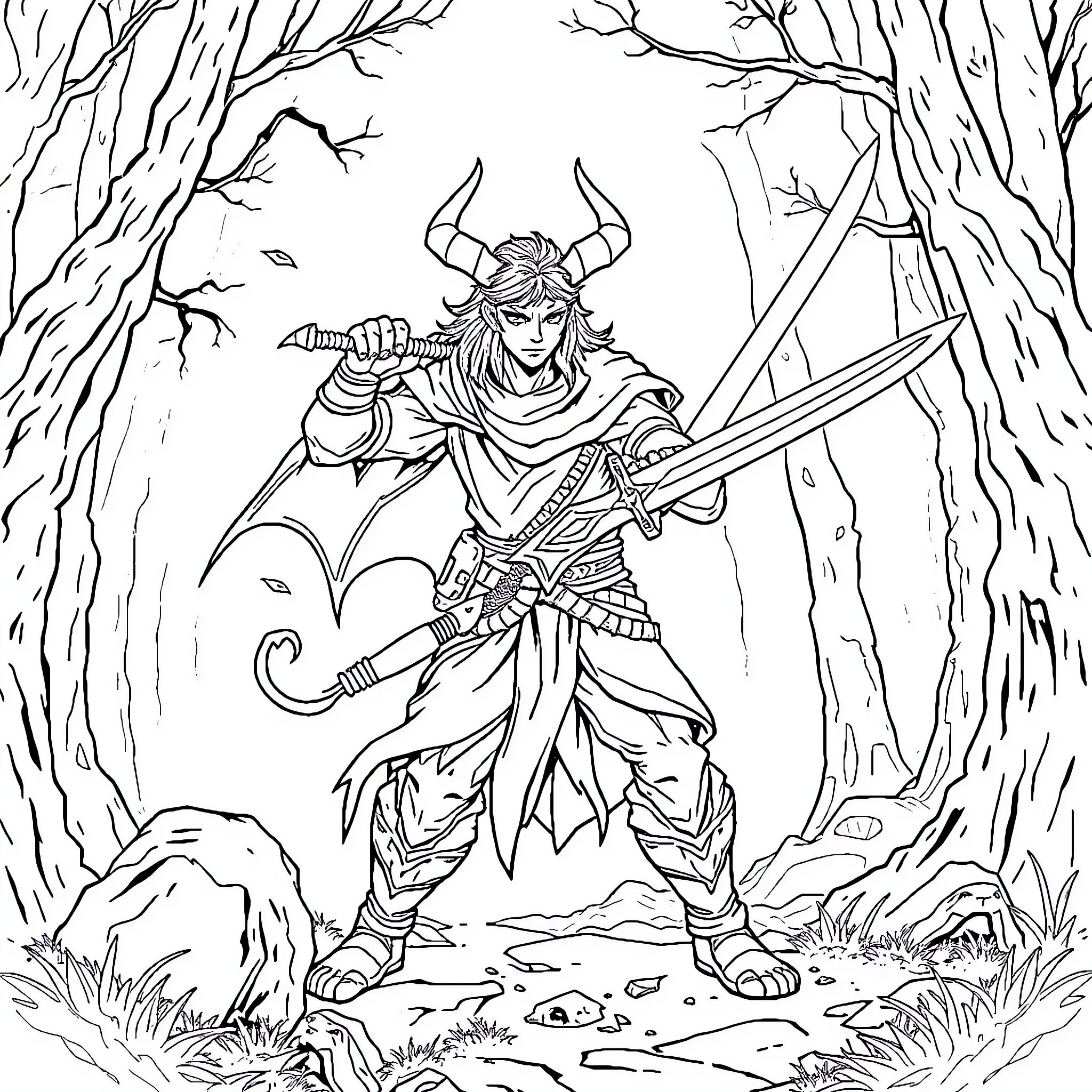 Demon Slayer Warrior in Mysterious Forest Coloring Page (free black-and-white line drawing printable PDF for all, from beginners to advanced learners, including children, teens, adults, and seniors)