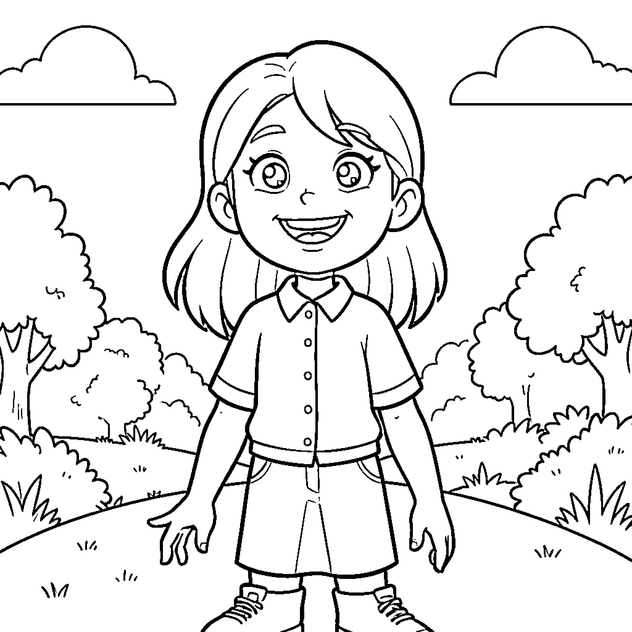 Charlie smiling happily while standing in a park Coloring Page (free black-and-white line drawing printable PDF for all, from beginners to advanced learners, including children, teens, adults, and seniors)