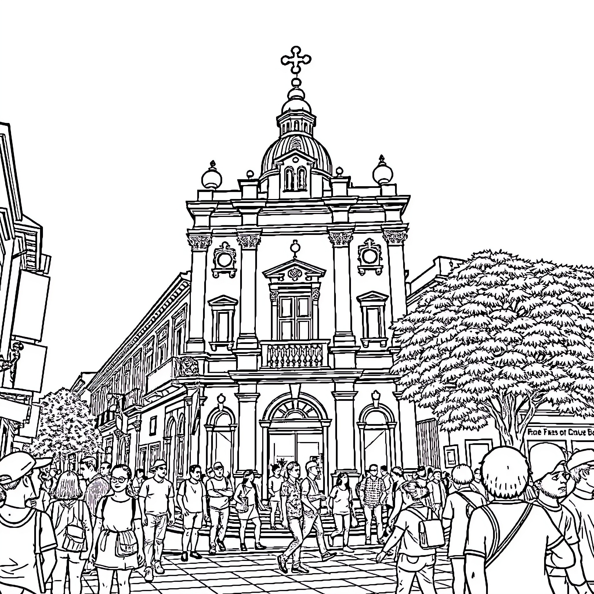 Payaso performers entertaining the crowd outside ornate building Coloring Page (free black-and-white line drawing printable PDF for all, from beginners to advanced learners, including children, teens, adults, and seniors)
