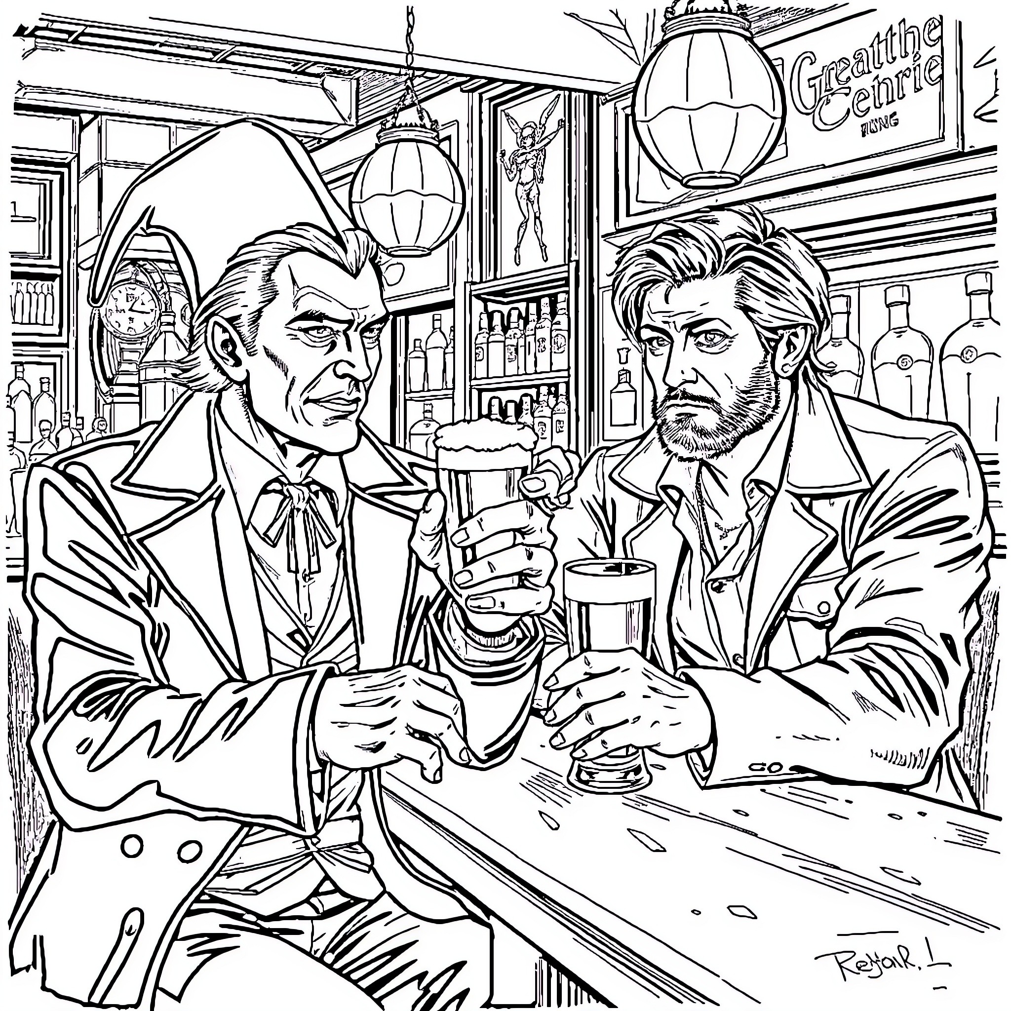 John Constantine and his companion discuss over drinks Coloring Page (free black-and-white line drawing printable PDF for all, from beginners to advanced learners, including children, teens, adults, and seniors)