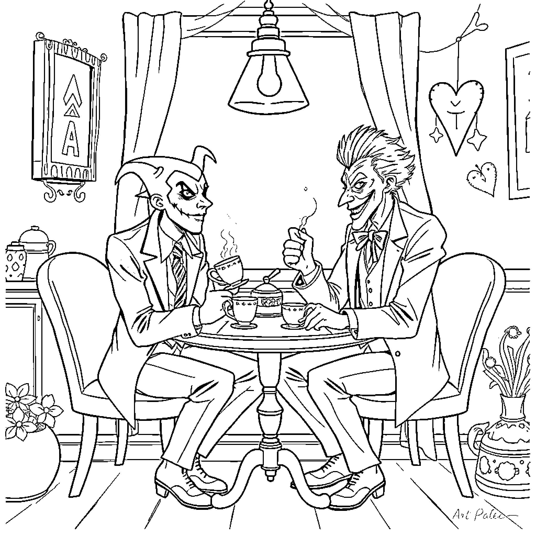 Riddler Enjoying Tea Time with Companion Coloring Page (free black-and-white line drawing printable PDF for all, from beginners to advanced learners, including children, teens, adults, and seniors)