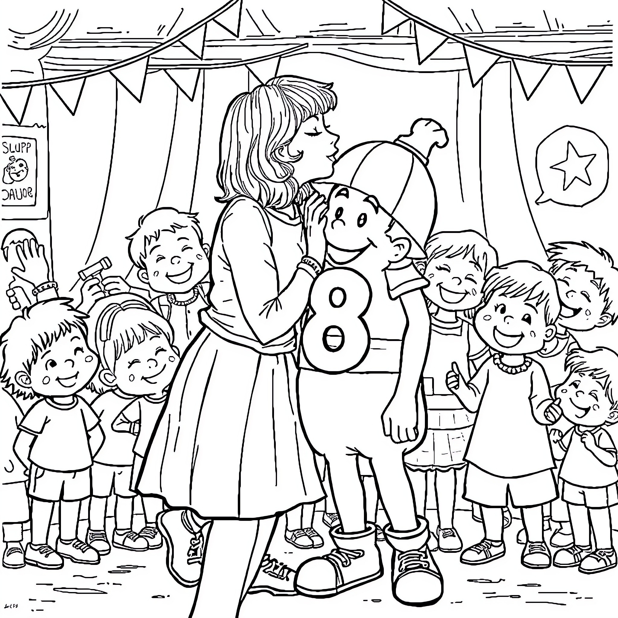 Taylor Swift celebrating with fans at a party Coloring Page (free black-and-white line drawing printable PDF for all, from beginners to advanced learners, including children, teens, adults, and seniors)