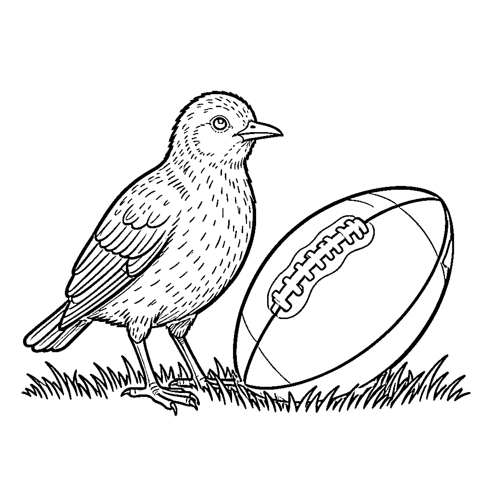 Kiwi standing next to a football on the grass Coloring Page (free black-and-white line drawing printable PDF for all, from beginners to advanced learners, including children, teens, adults, and seniors)