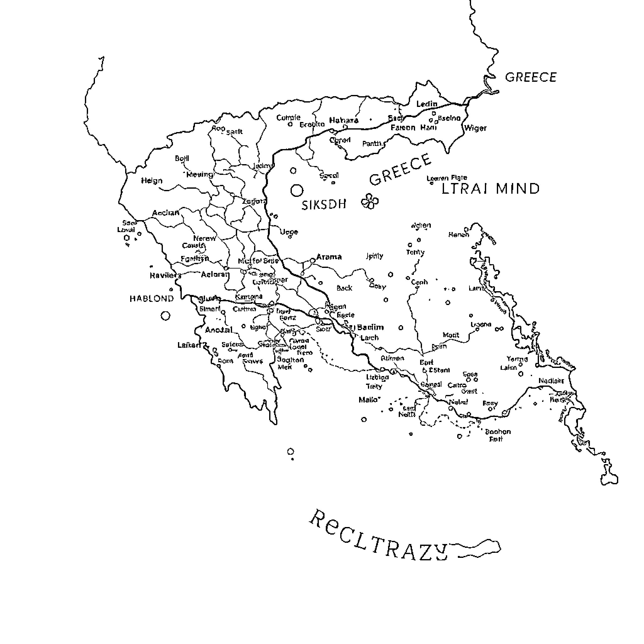 Greece map featuring various labels and geographic outlines Coloring Page (free black-and-white line drawing printable PDF for all, from beginners to advanced learners, including children, teens, adults, and seniors)