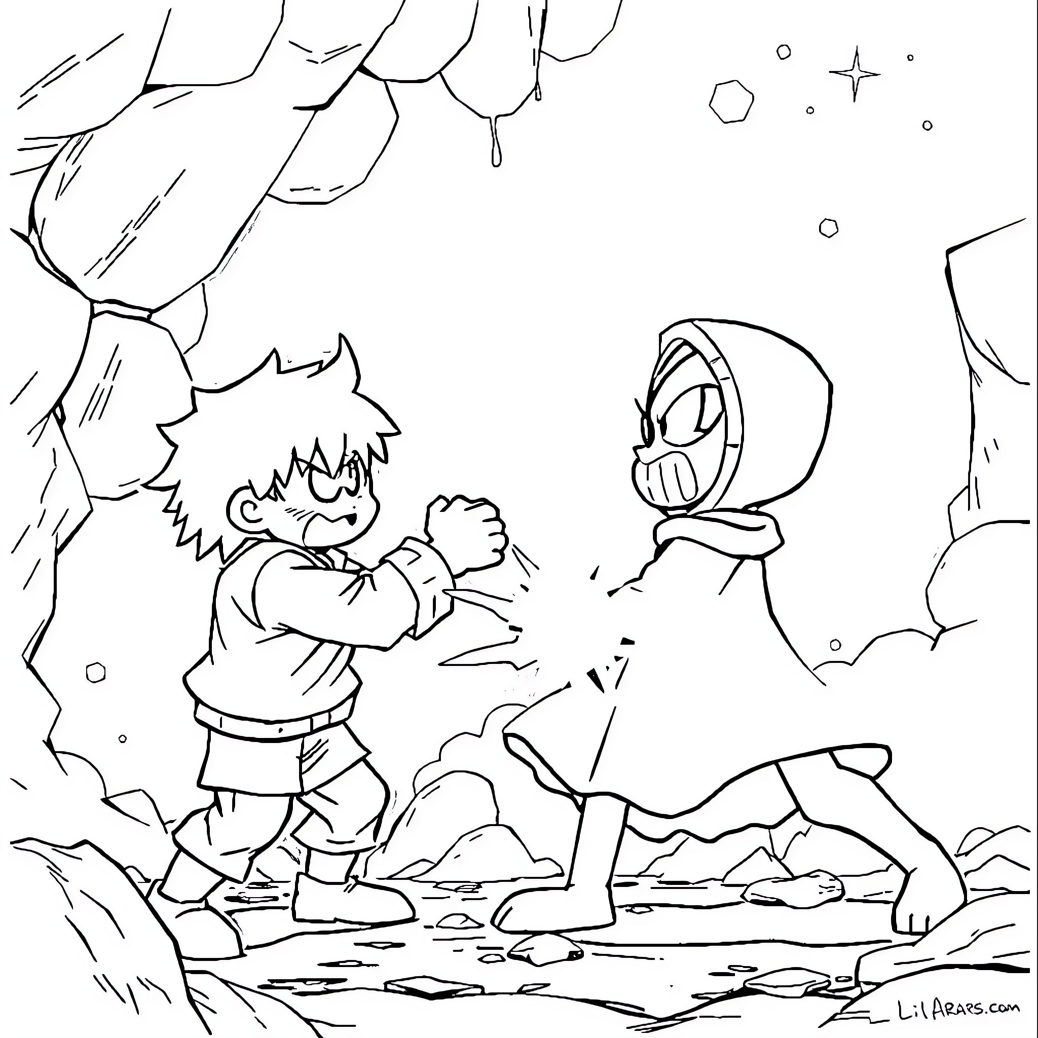 Sans characters facing off in a wintry landscape Coloring Page (free black-and-white line drawing printable PDF for all, from beginners to advanced learners, including children, teens, adults, and seniors)