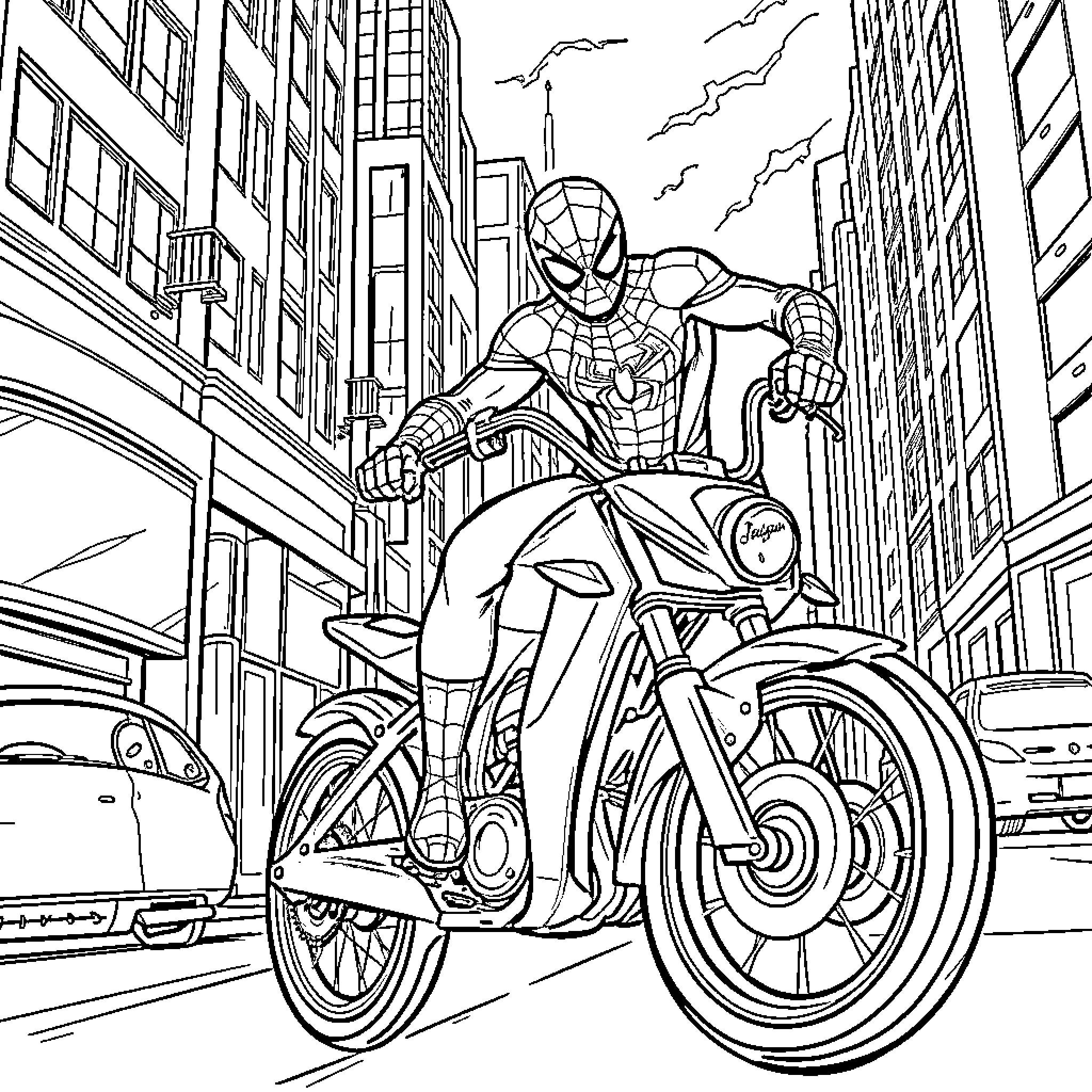 Spiderman riding a motorcycle in the city Coloring Page (free black-and-white line drawing printable PDF for all, from beginners to advanced learners, including children, teens, adults, and seniors)