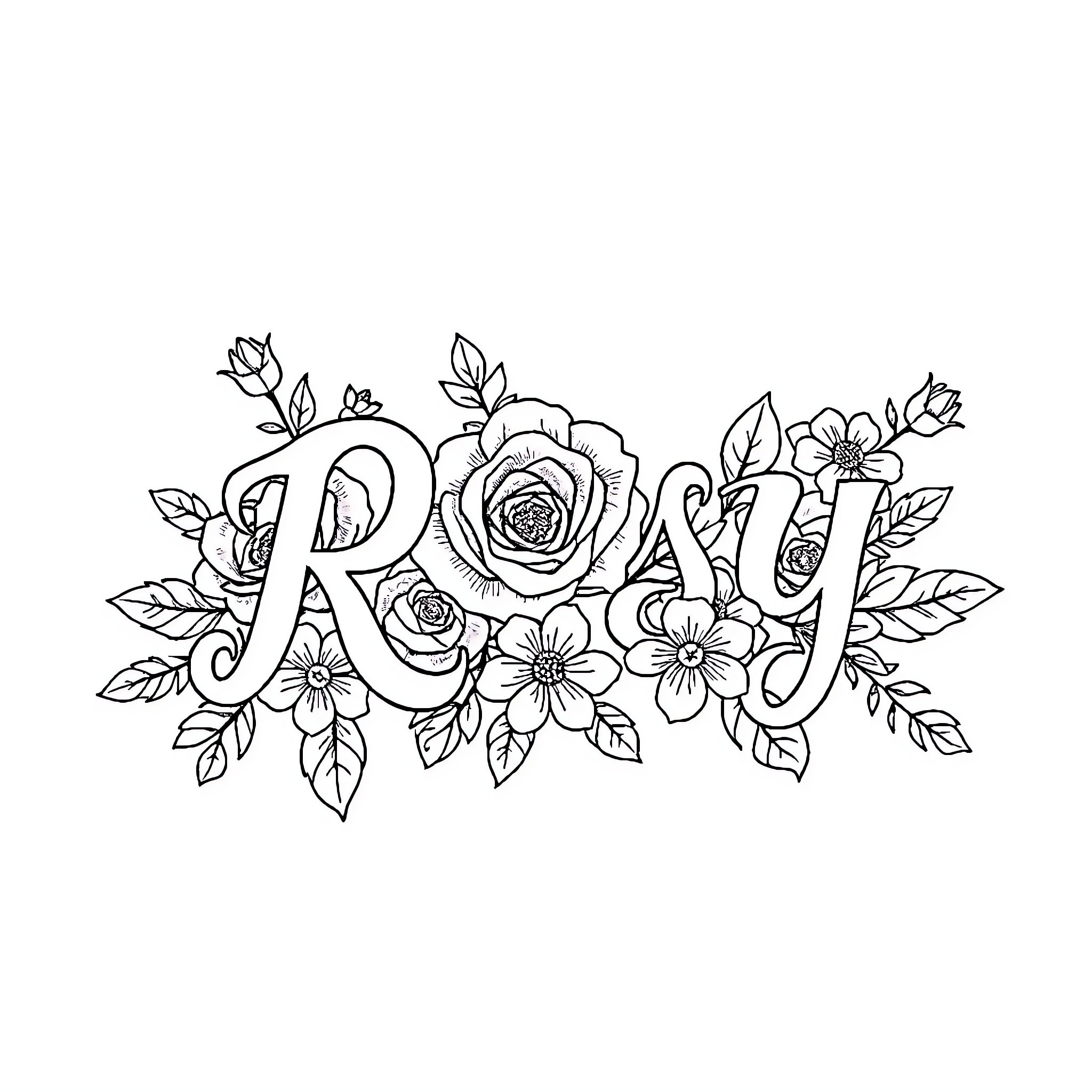Rose-themed floral arrangement with decorative text Coloring Page (free black-and-white line drawing printable PDF for all, from beginners to advanced learners, including children, teens, adults, and seniors)