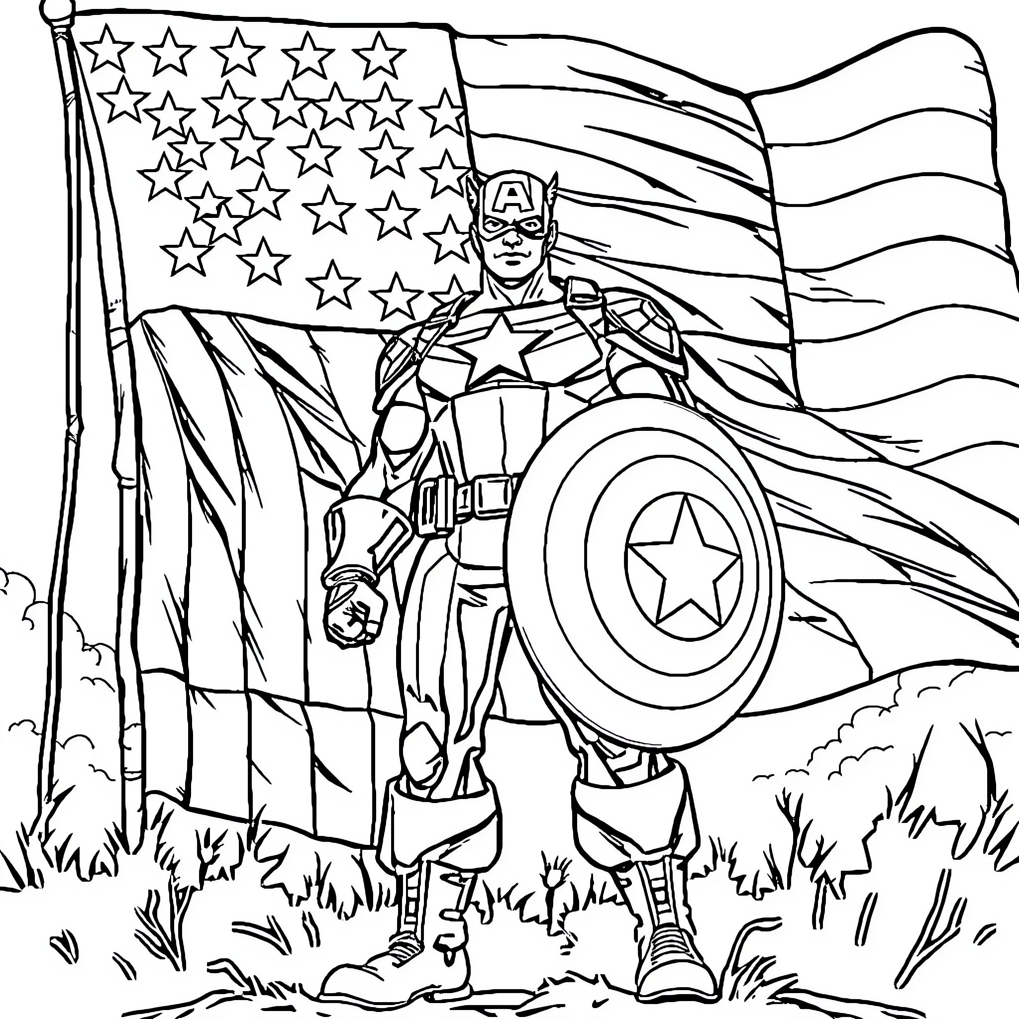 Captain America standing proudly with the American flag Coloring Page (free black-and-white line drawing printable PDF for all, from beginners to advanced learners, including children, teens, adults, and seniors)