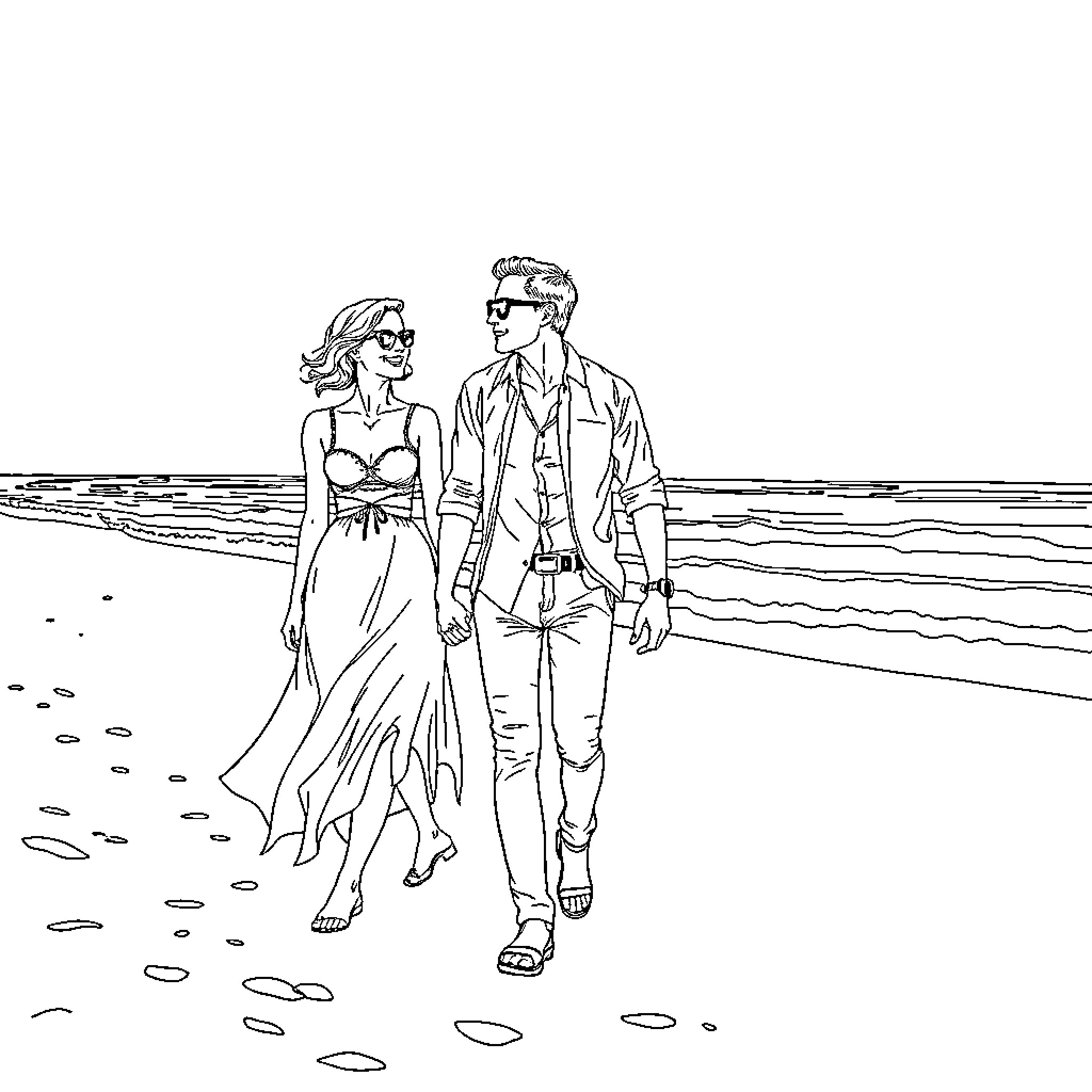 Couple enjoying a beach stroll together Coloring Page (free black-and-white line drawing printable PDF for all, from beginners to advanced learners, including children, teens, adults, and seniors)