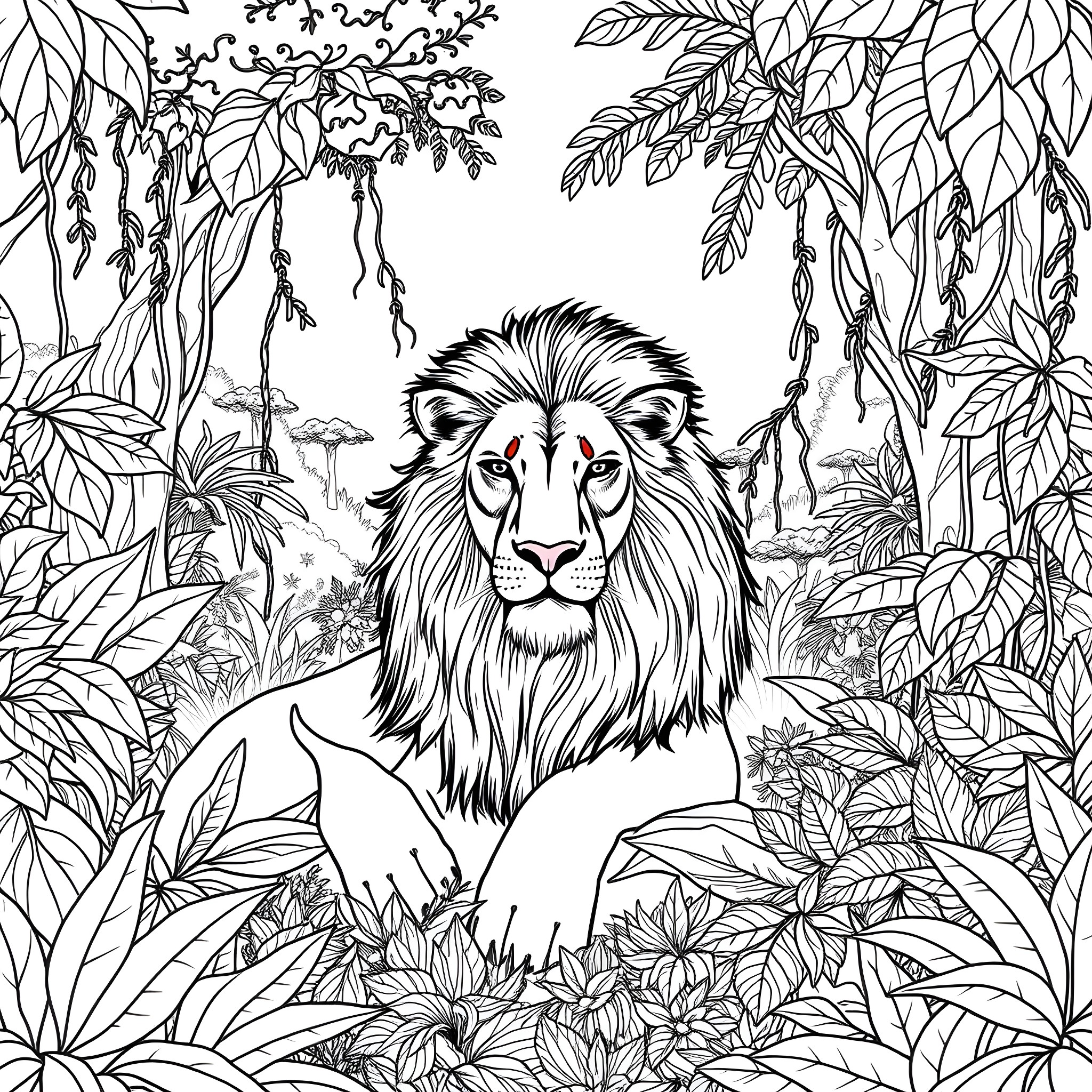 Lion in the Lush Jungle Coloring Page (free black-and-white line drawing printable PDF for all, from beginners to advanced learners, including children, teens, adults, and seniors)