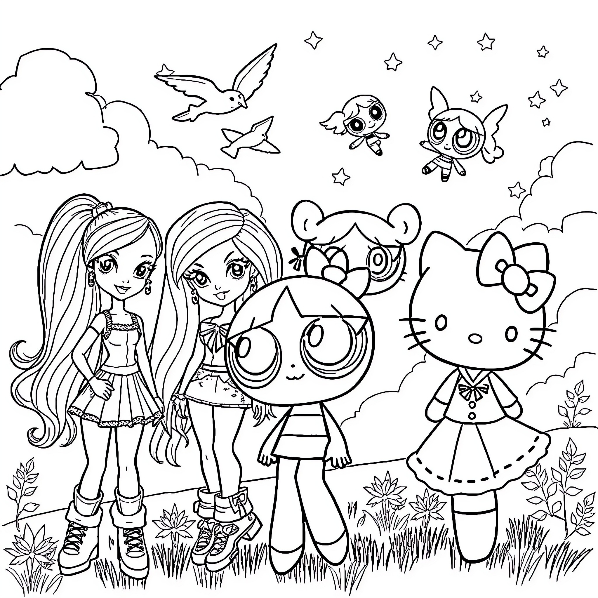 Character Cartoon Friends Exploring Whimsical Landscape Coloring Page (free black-and-white line drawing printable PDF for all, from beginners to advanced learners, including children, teens, adults, and seniors)