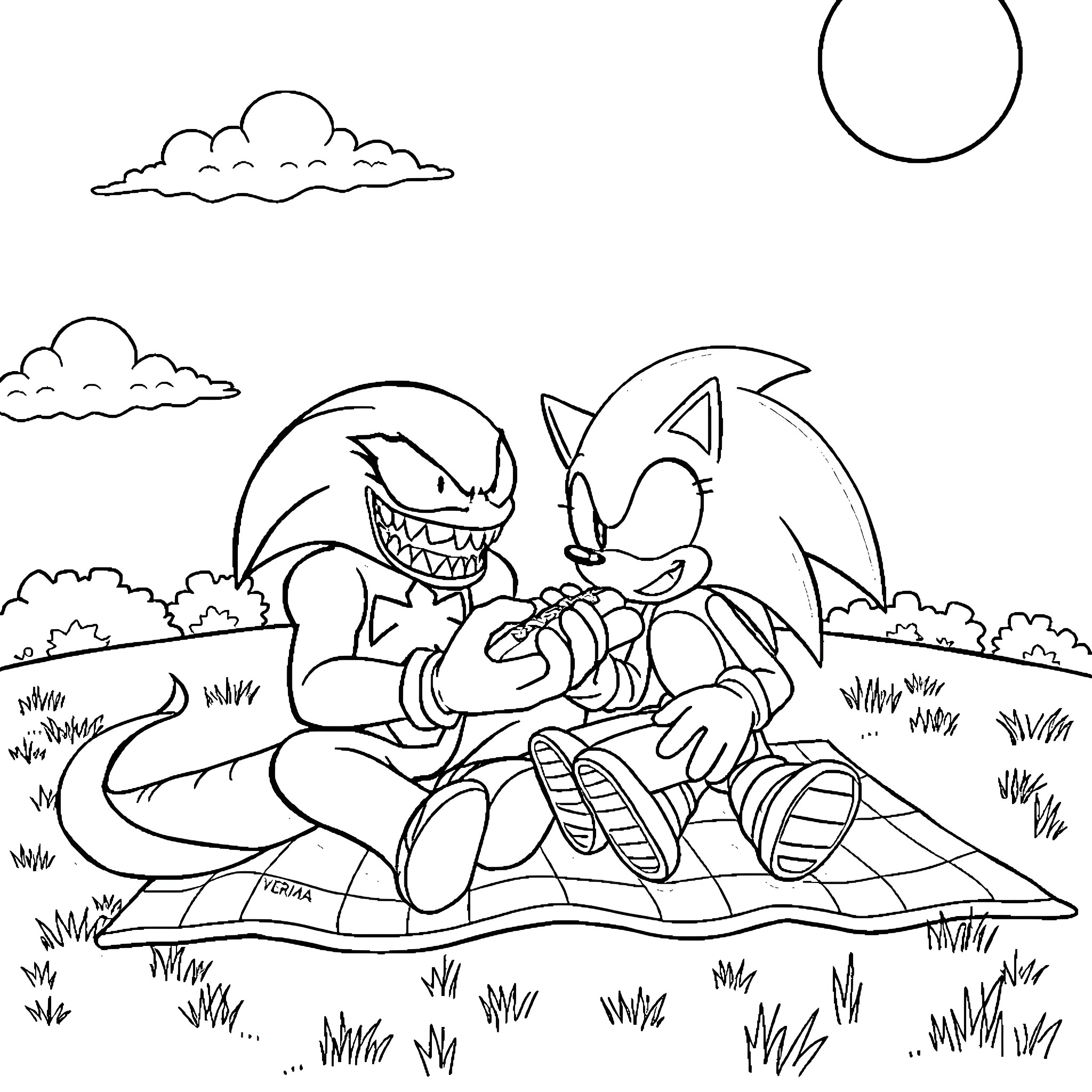 Venom and Sonic facing off in nature Coloring Page (free black-and-white line drawing printable PDF for all, from beginners to advanced learners, including children, teens, adults, and seniors)