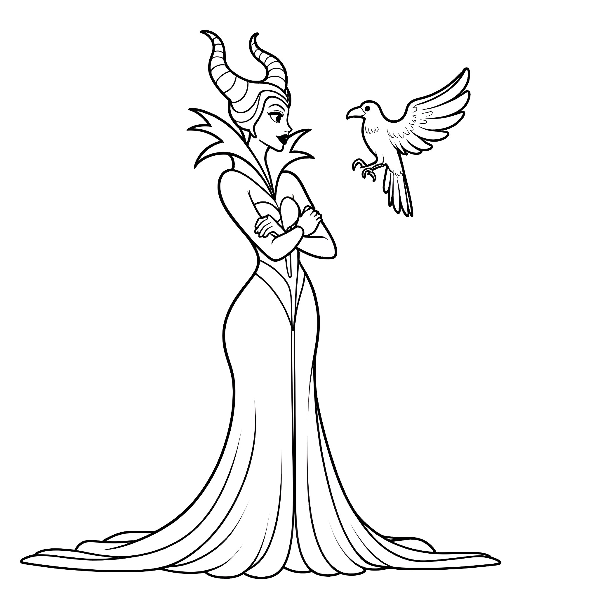 Maleficent in an elegant pose with a bird companion Coloring Page (free black-and-white line drawing printable PDF for all, from beginners to advanced learners, including children, teens, adults, and seniors)
