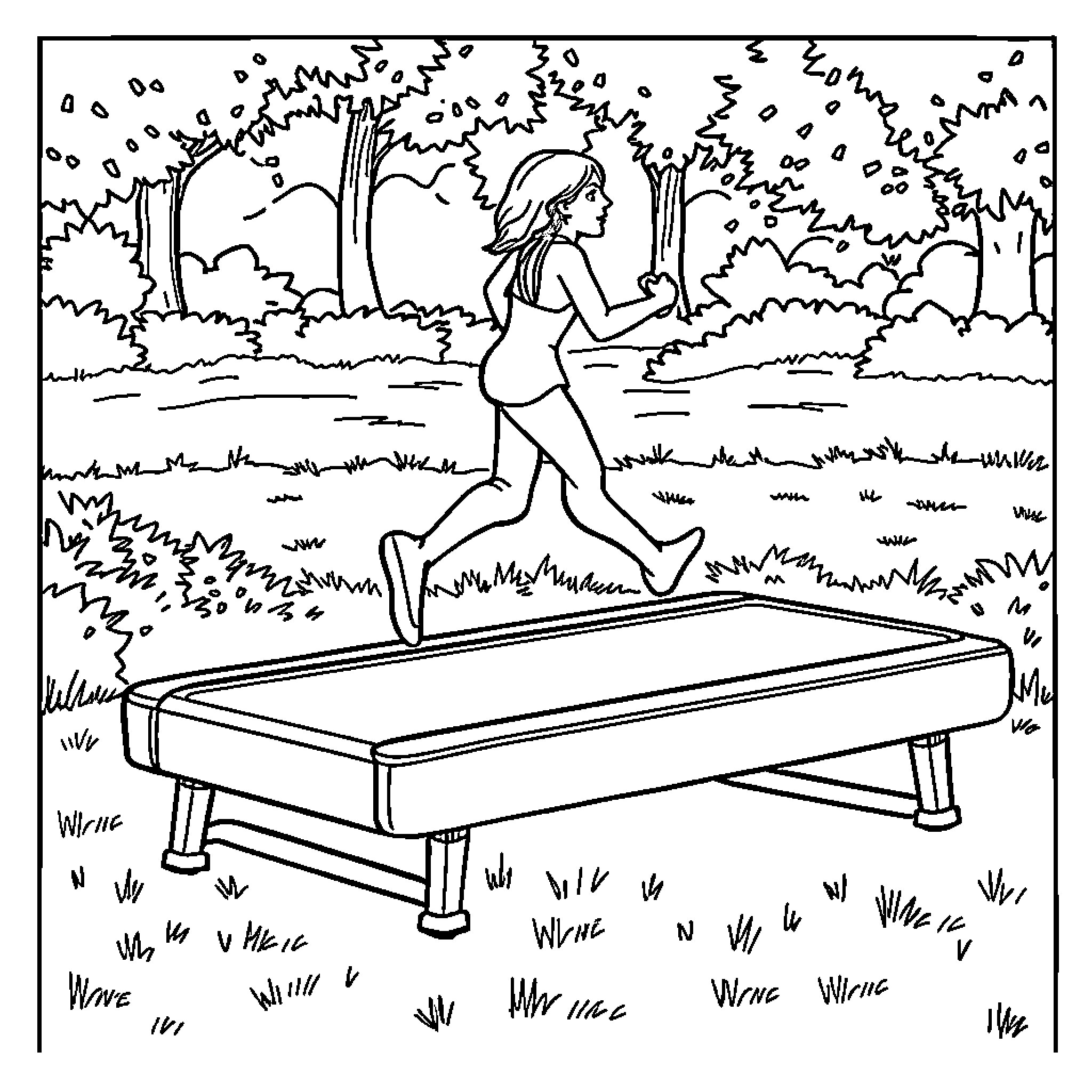 Mattress in a Serene Outdoor Setting Coloring Page (free black-and-white line drawing printable PDF for all, from beginners to advanced learners, including children, teens, adults, and seniors)