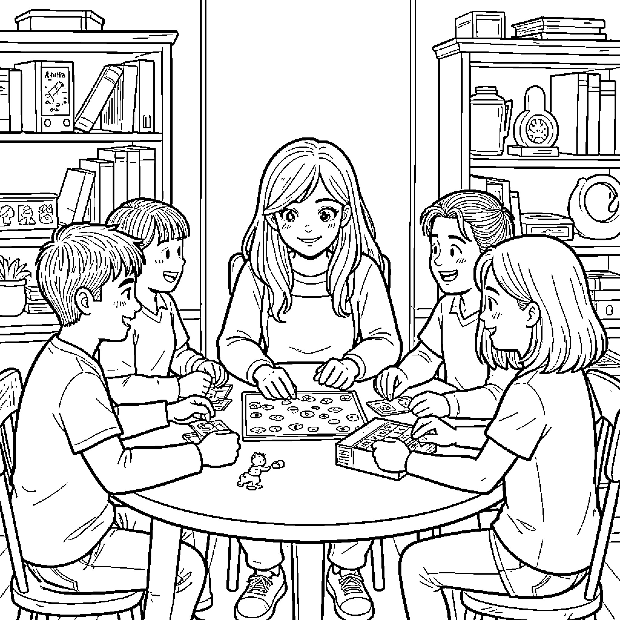 Tag Maho children playing a board game with teacher Coloring Page (free black-and-white line drawing printable PDF for all, from beginners to advanced learners, including children, teens, adults, and seniors)