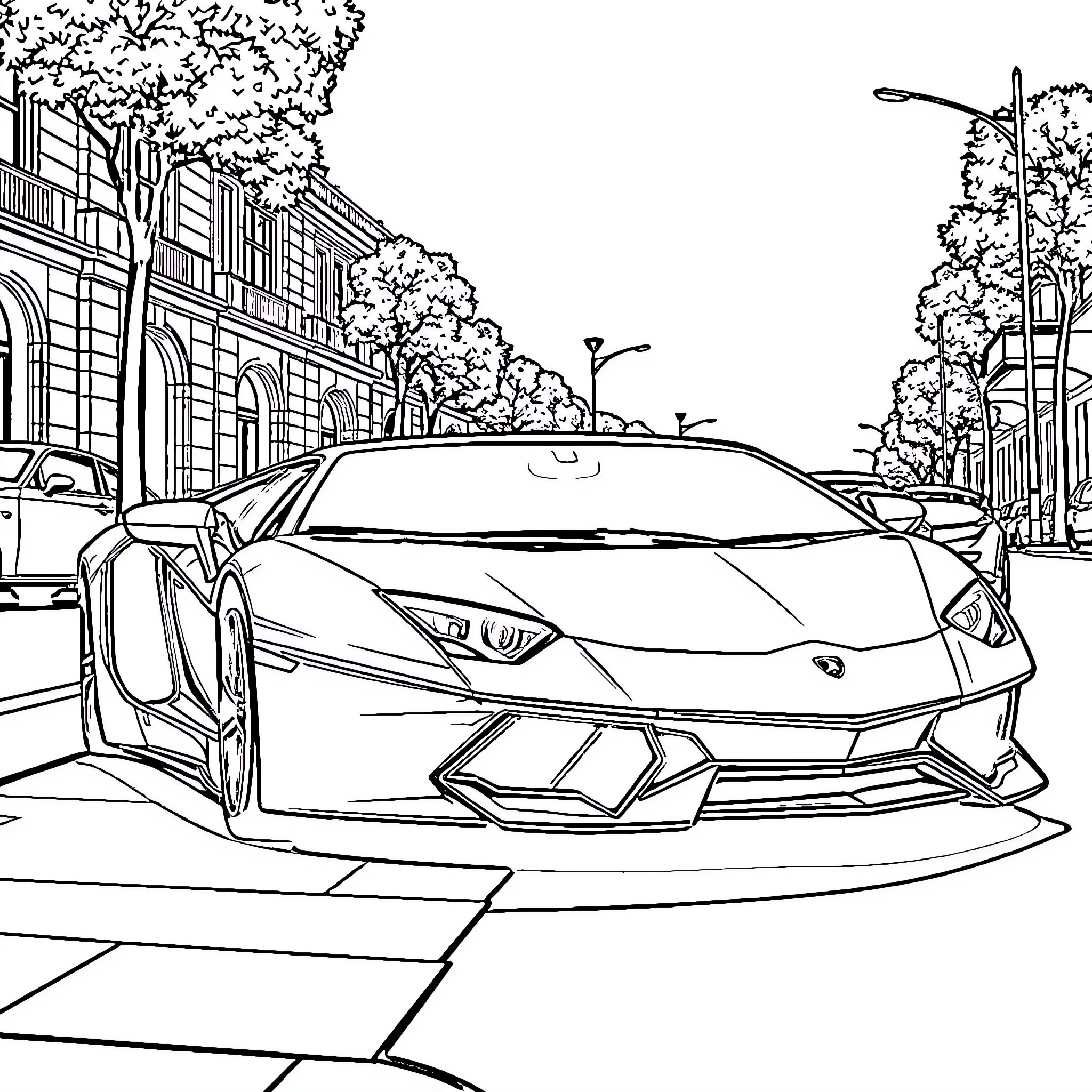 Lamborghini driving down a city street Coloring Page (free black-and-white line drawing printable PDF for all, from beginners to advanced learners, including children, teens, adults, and seniors)