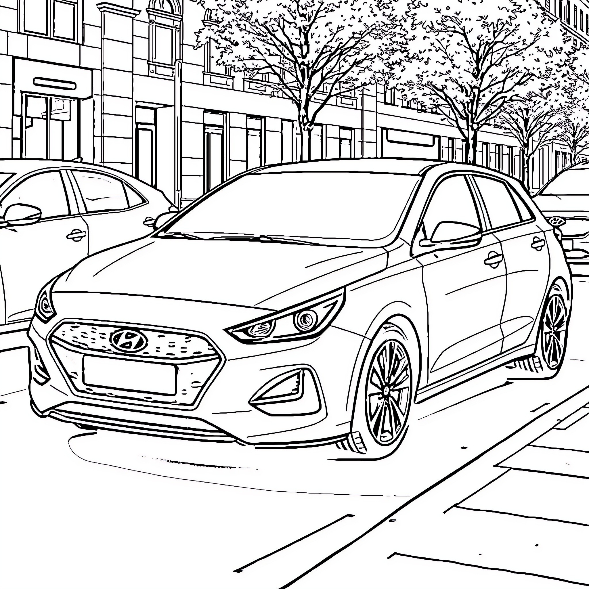 Hyundai I30n parked on a city street Coloring Page (free black-and-white line drawing printable PDF for all, from beginners to advanced learners, including children, teens, adults, and seniors)