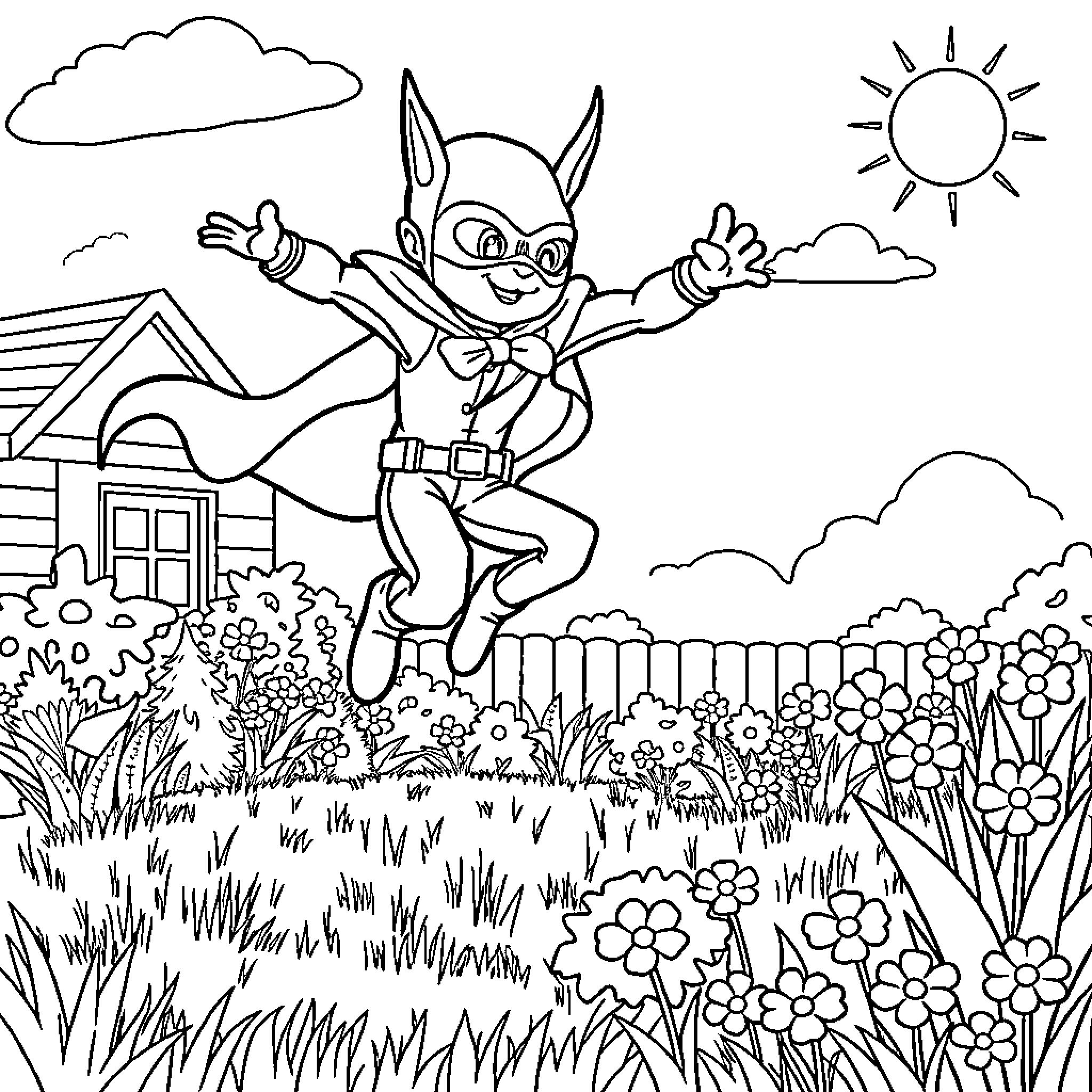 Daredevil hero jumping in the garden Coloring Page (free black-and-white line drawing printable PDF for all, from beginners to advanced learners, including children, teens, adults, and seniors)