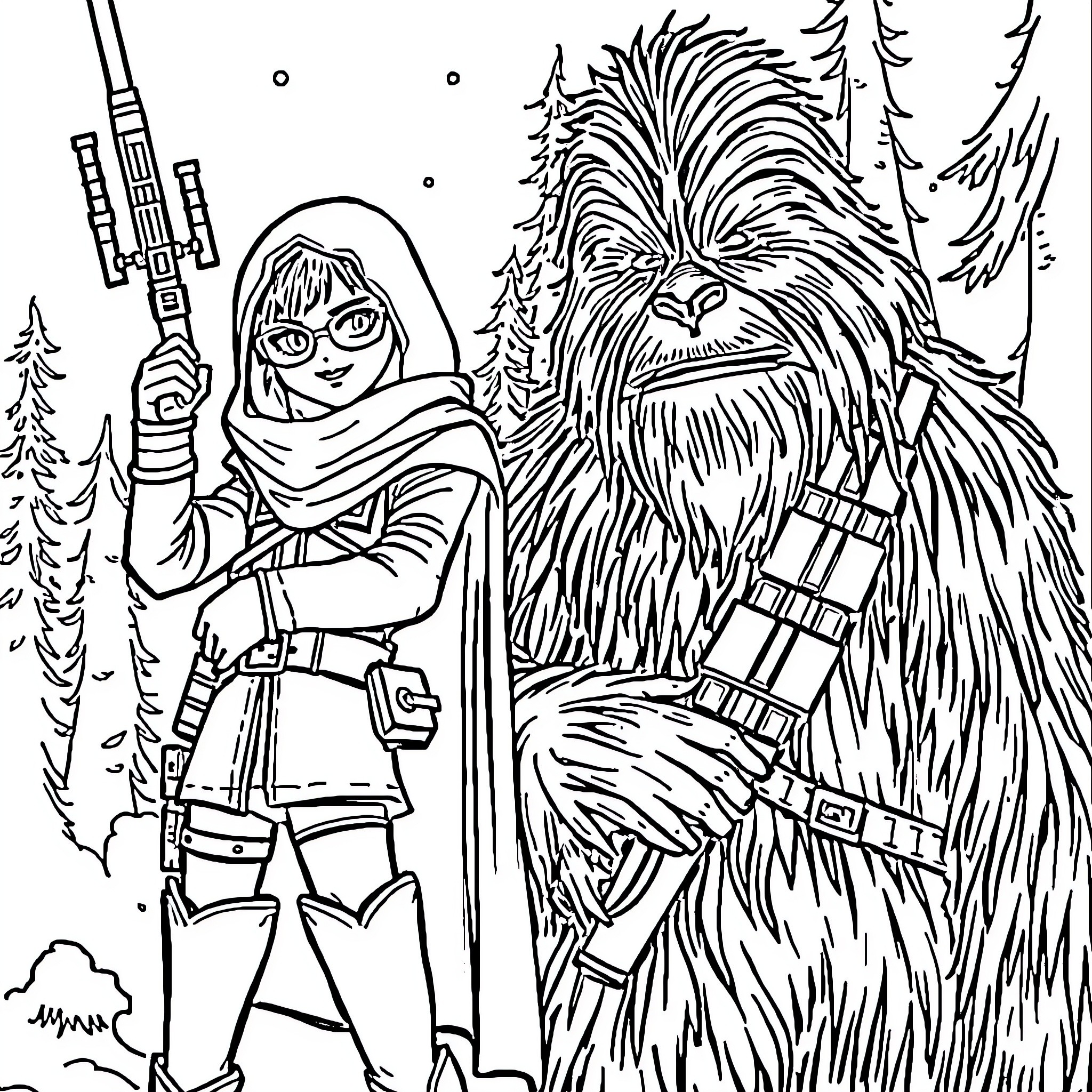 Rumi's Snowy Adventure with the Furry Companion Coloring Page (free black-and-white line drawing printable PDF for all, from beginners to advanced learners, including children, teens, adults, and seniors)