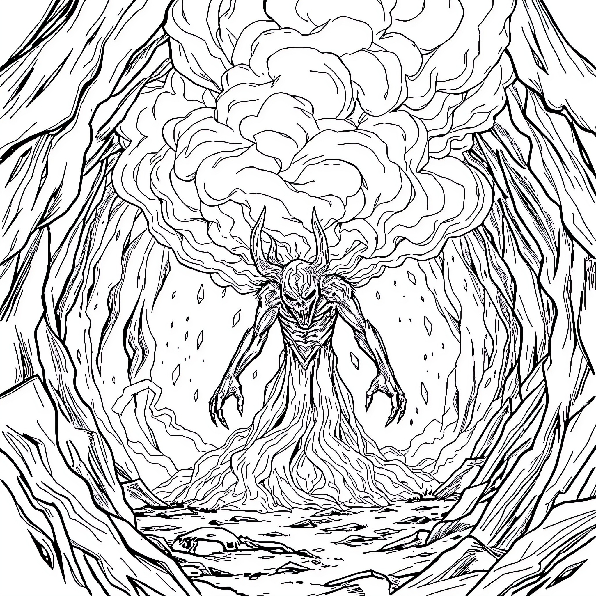 Entity Emerging from Chaotic Storm Coloring Page (free black-and-white line drawing printable PDF for all, from beginners to advanced learners, including children, teens, adults, and seniors)