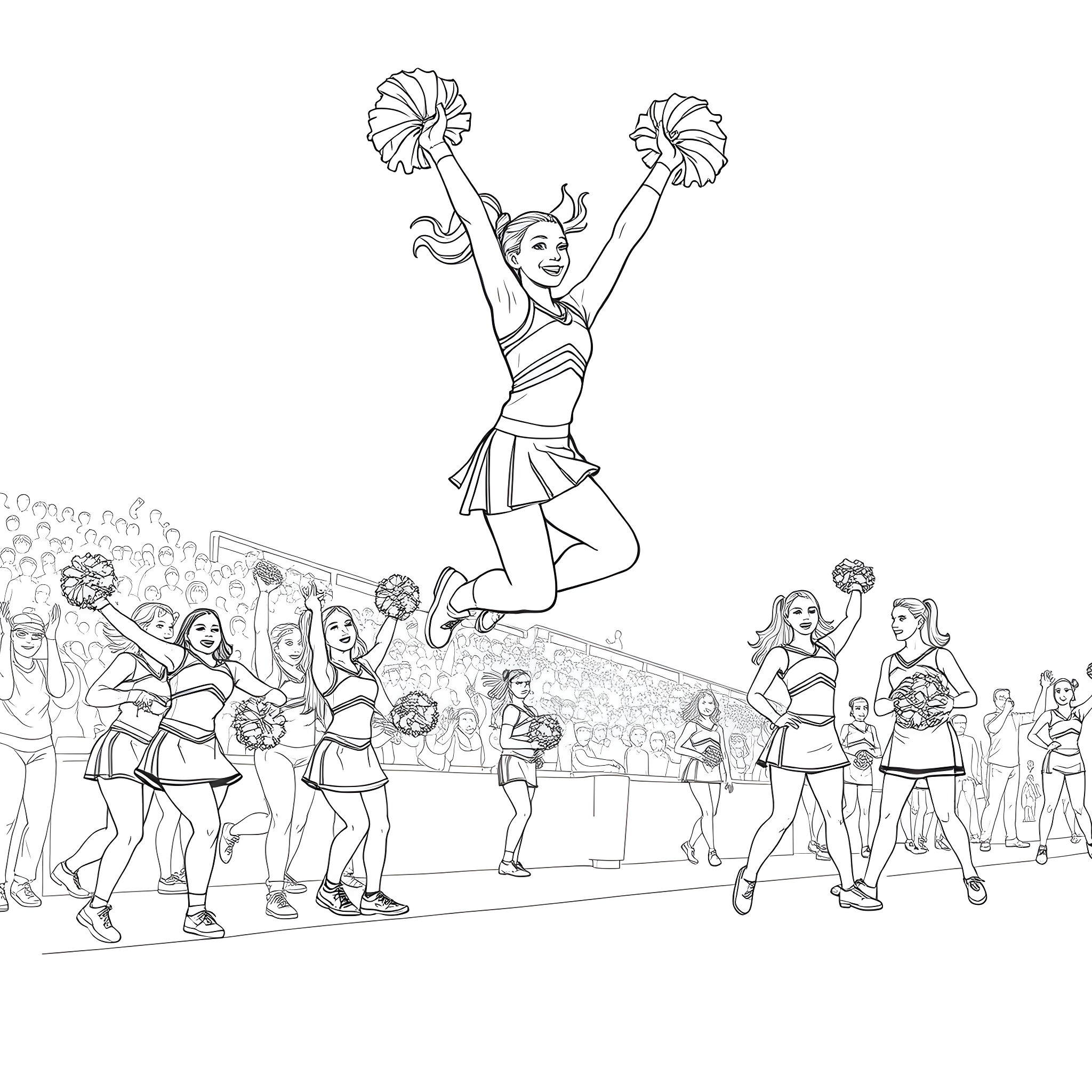 Cheerleaders performing on stage with enthusiasm Coloring Page (free black-and-white line drawing printable PDF for all, from beginners to advanced learners, including children, teens, adults, and seniors)