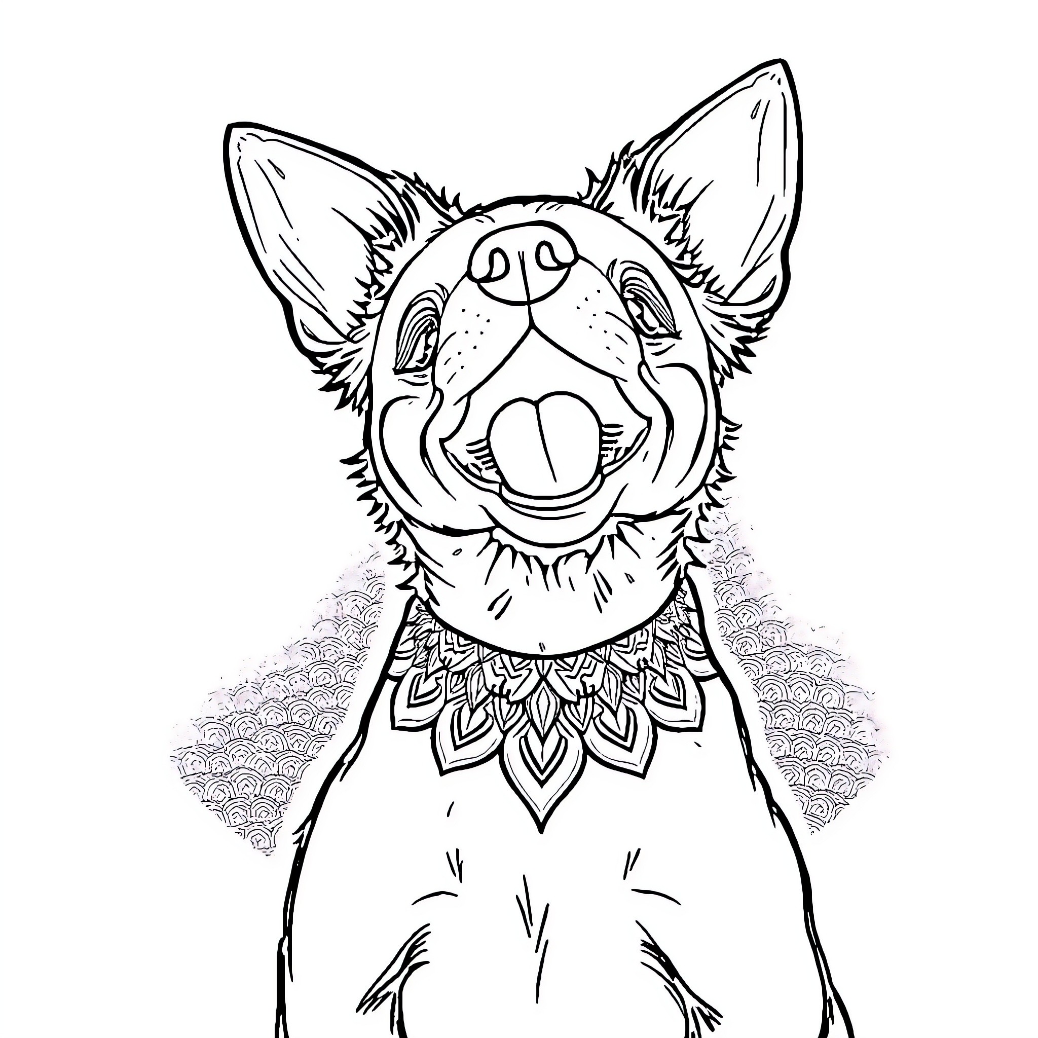 Dog with a joyful expression Coloring Page (free black-and-white line drawing printable PDF for all, from beginners to advanced learners, including children, teens, adults, and seniors)
