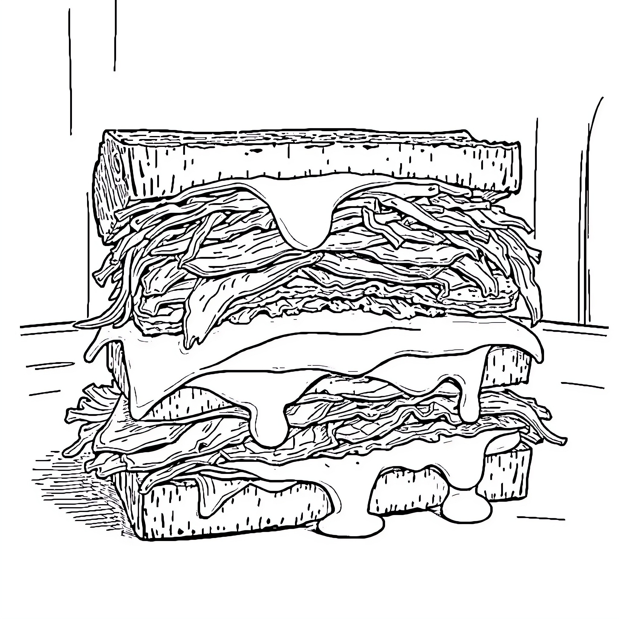 Sandwich with Layers of Ingredients Coloring Page (free black-and-white line drawing printable PDF for all, from beginners to advanced learners, including children, teens, adults, and seniors)
