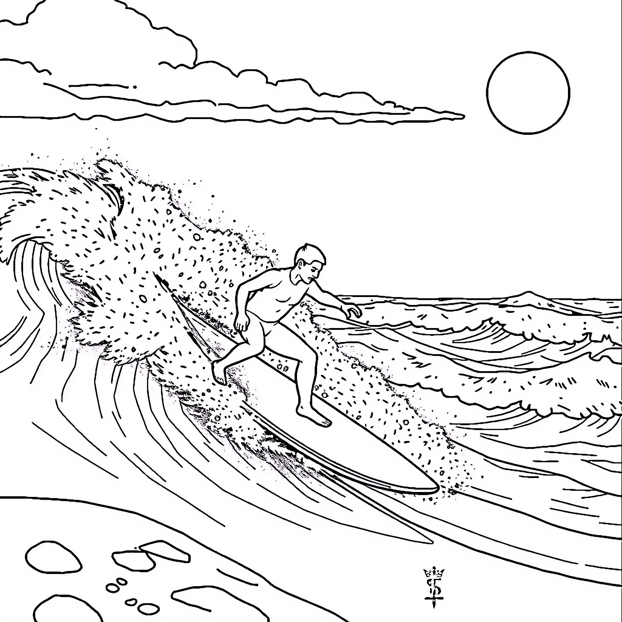 Stitch surfer riding a large wave at night Coloring Page (free black-and-white line drawing printable PDF for all, from beginners to advanced learners, including children, teens, adults, and seniors)