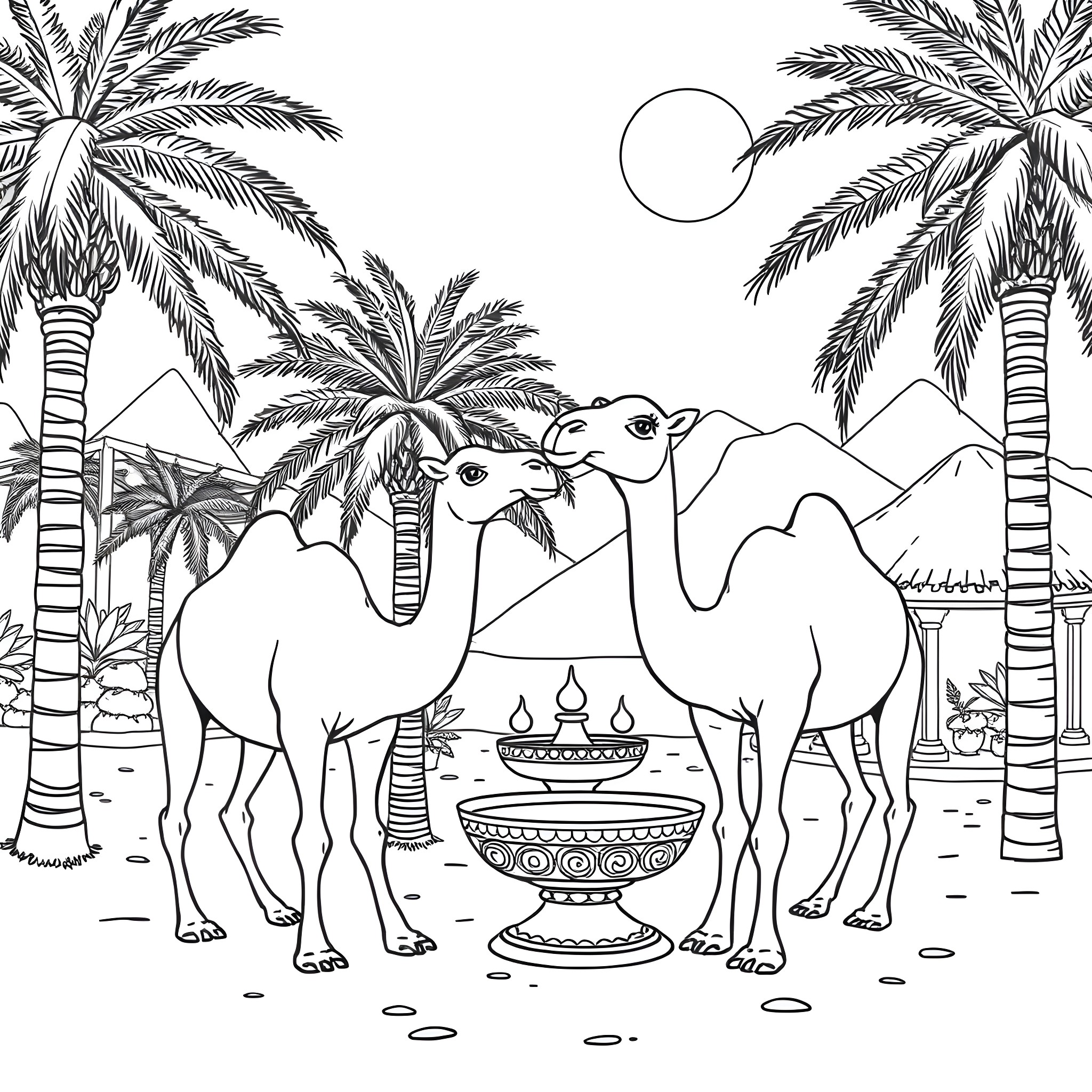 Camel resting in desert oasis with palm trees Coloring Page (free black-and-white line drawing printable PDF for all, from beginners to advanced learners, including children, teens, adults, and seniors)