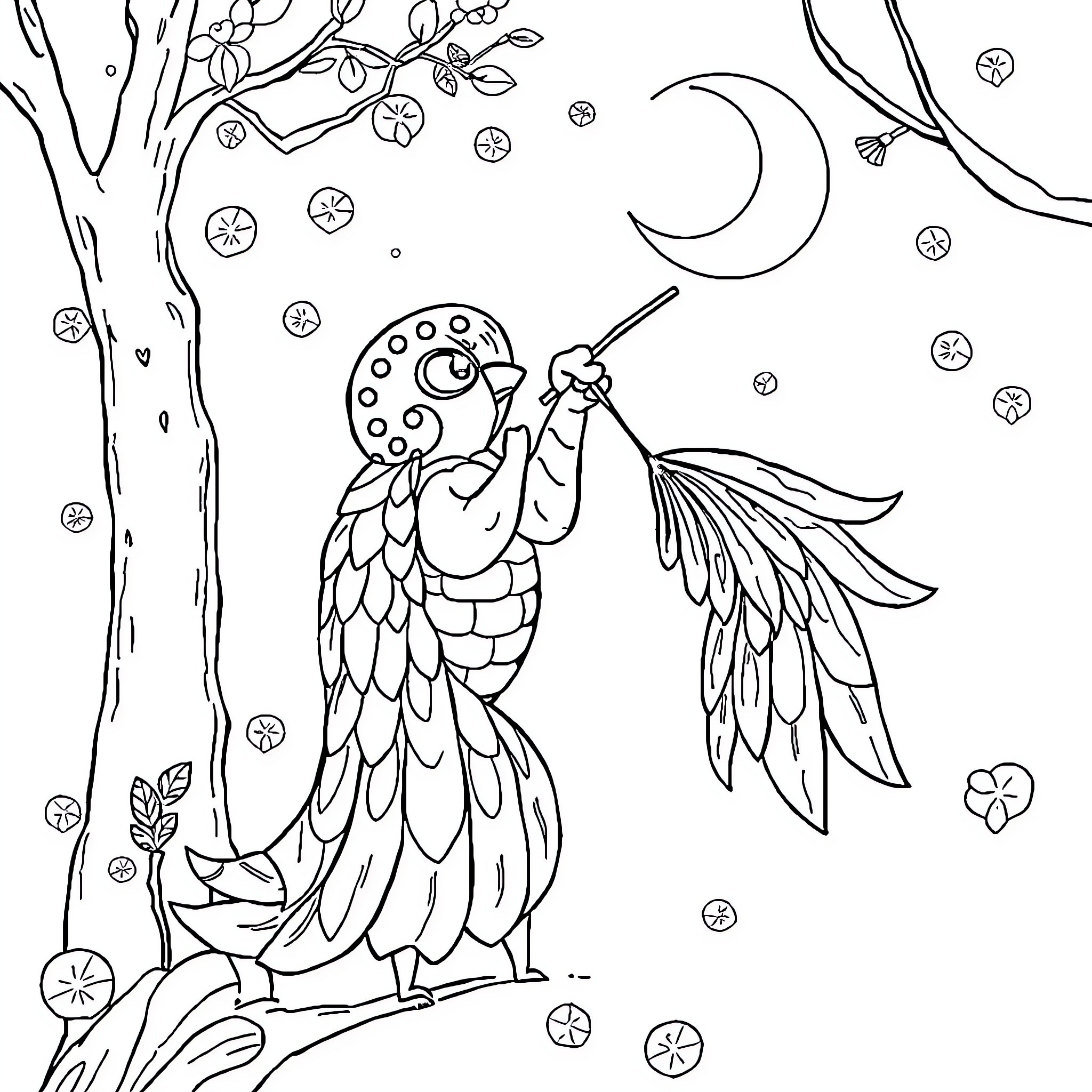 Girl playing with magical bird in night forest Coloring Page (free black-and-white line drawing printable PDF for all, from beginners to advanced learners, including children, teens, adults, and seniors)