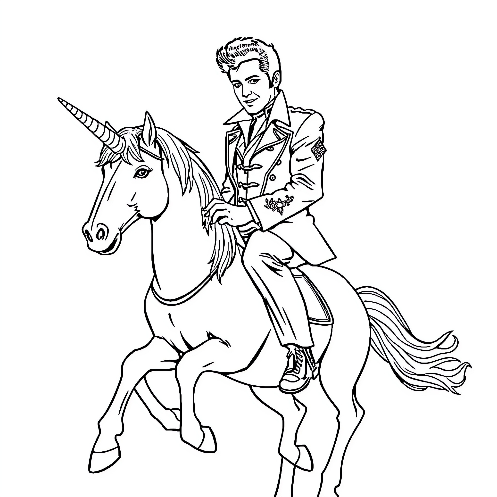 Elvis Presley riding a magical unicorn Coloring Page (free black-and-white line drawing printable PDF for all, from beginners to advanced learners, including children, teens, adults, and seniors)