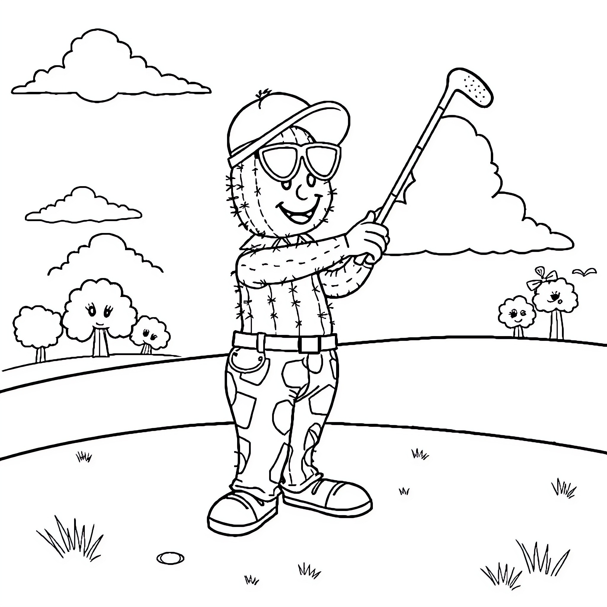 Cactus playing golf in a lush landscape Coloring Page (free black-and-white line drawing printable PDF for all, from beginners to advanced learners, including children, teens, adults, and seniors)