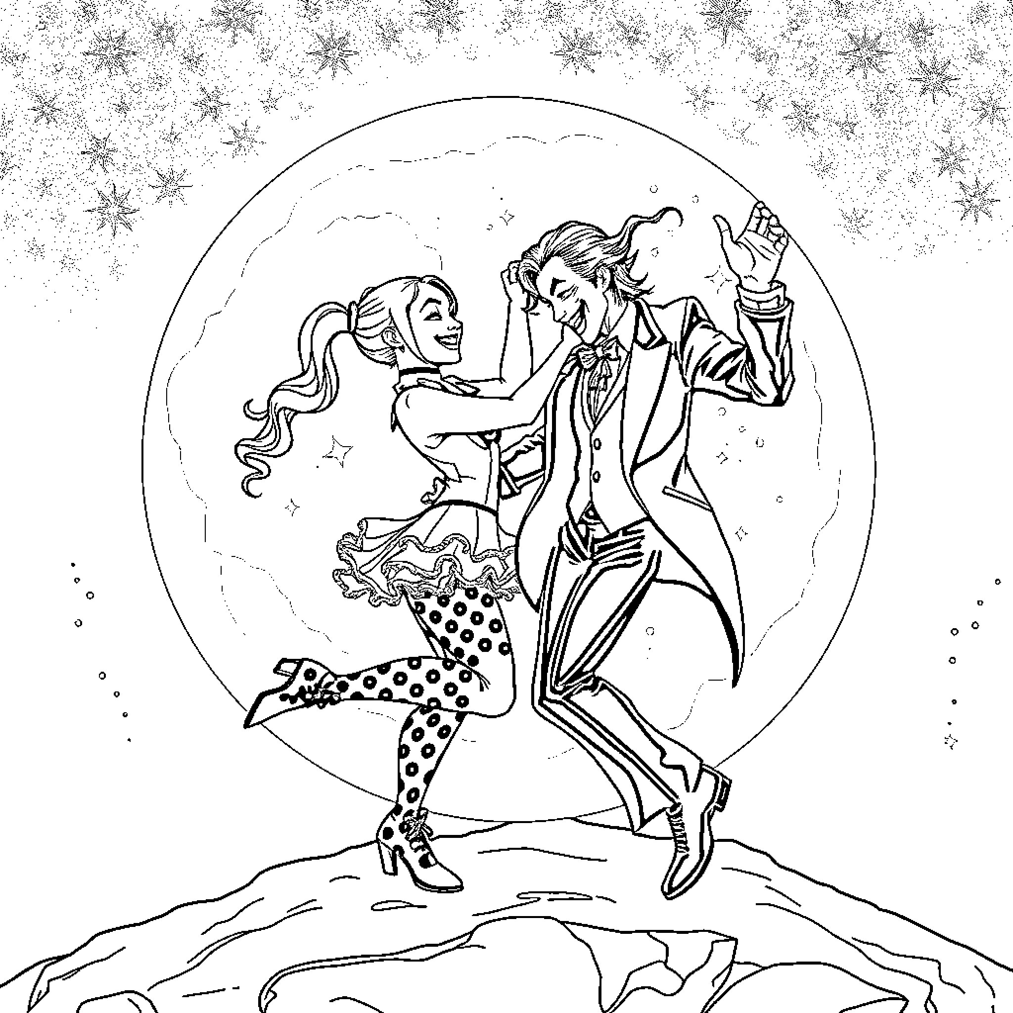 Harley Quinn and the Joker in a festive dance Coloring Page (free black-and-white line drawing printable PDF for all, from beginners to advanced learners, including children, teens, adults, and seniors)