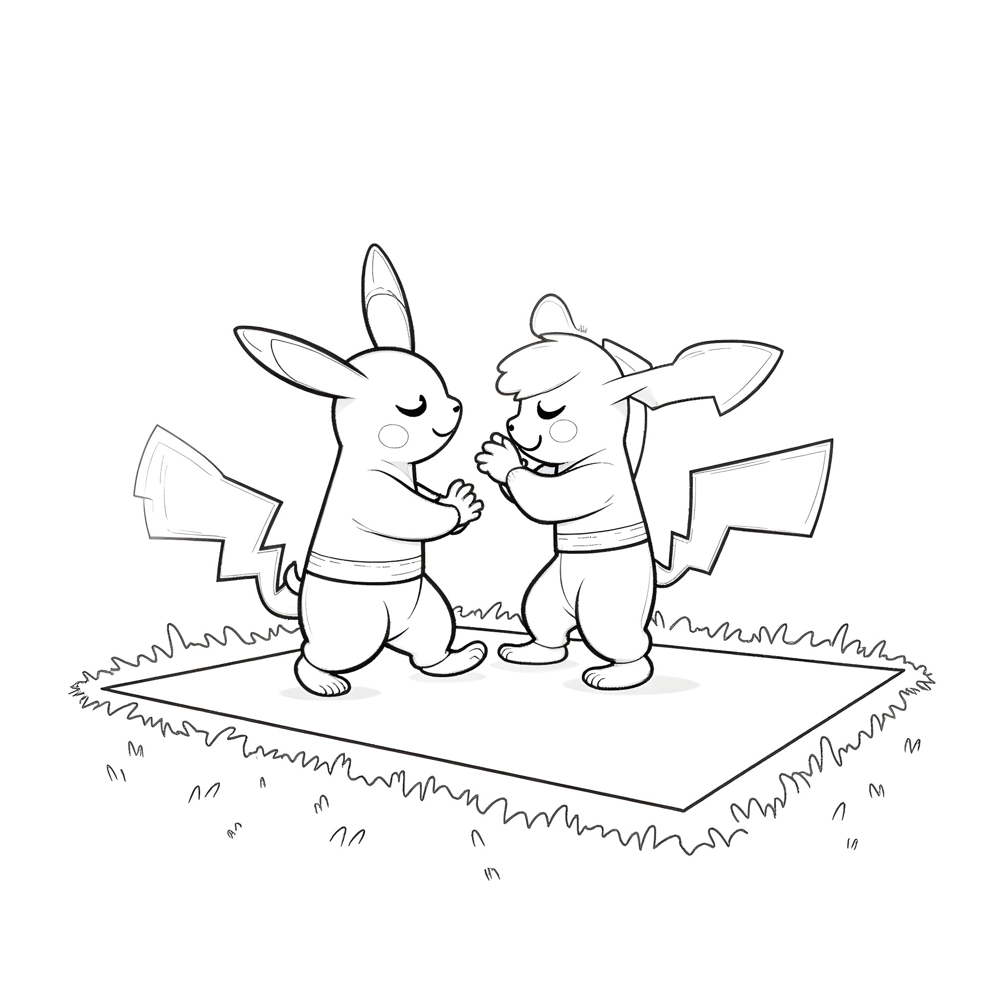 Pokémon characters playing together happily Coloring Page (free black-and-white line drawing printable PDF for all, from beginners to advanced learners, including children, teens, adults, and seniors)