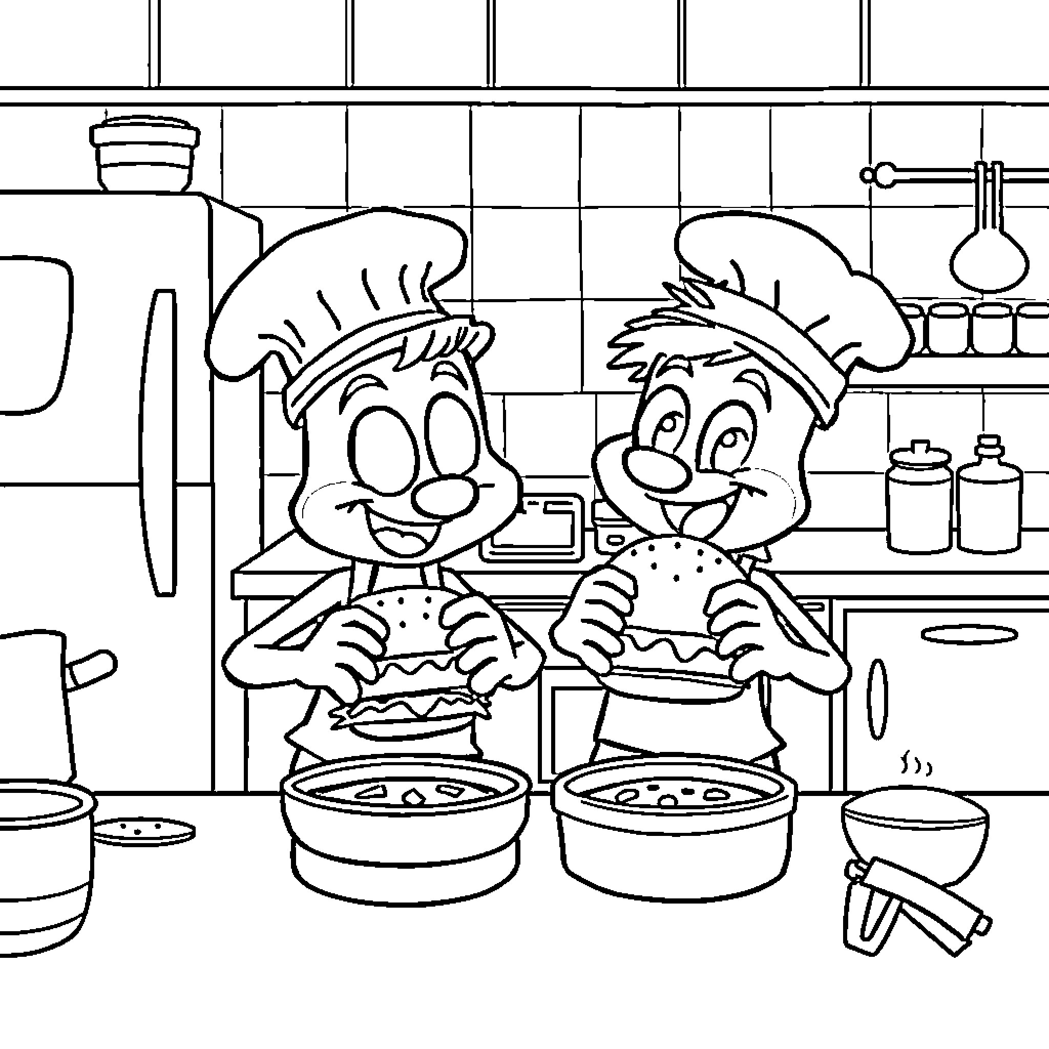 Bluey and friends cooking in the kitchen Coloring Page (free black-and-white line drawing printable PDF for all, from beginners to advanced learners, including children, teens, adults, and seniors)