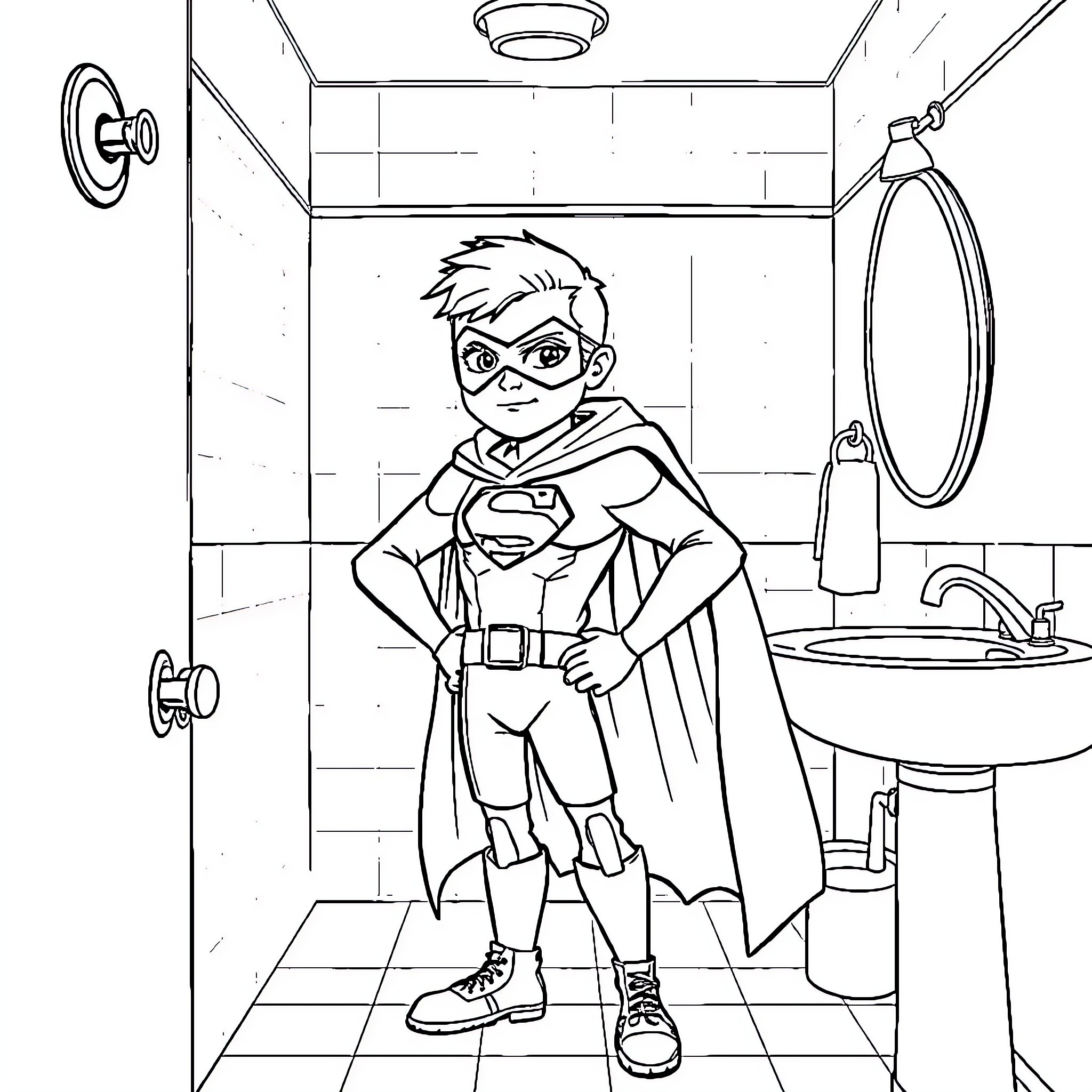 Superhero Boy Preparing for Action in Bathroom Coloring Page (free black-and-white line drawing printable PDF for all, from beginners to advanced learners, including children, teens, adults, and seniors)