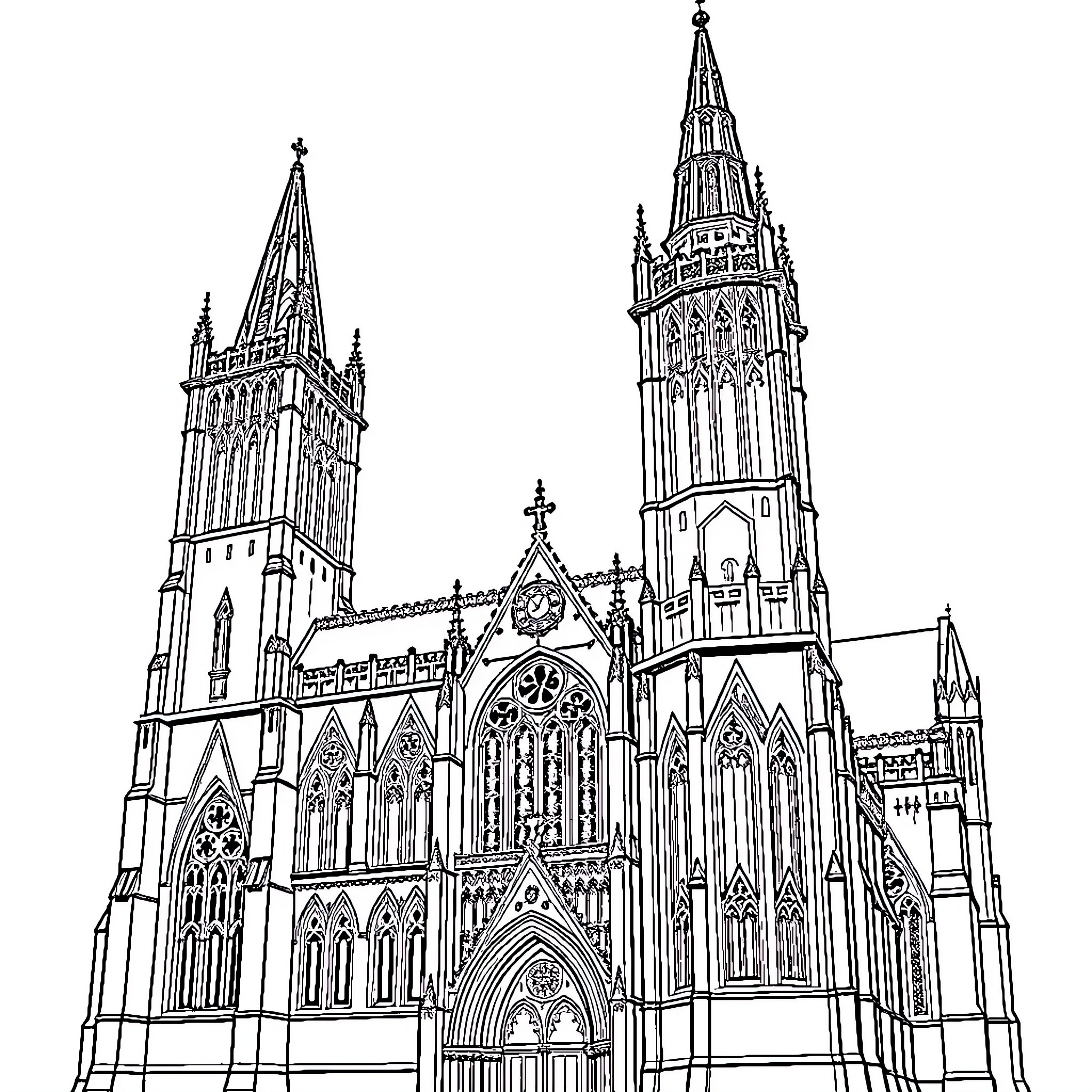 Gothic Spires and Arches of a Majestic Cathedral Coloring Page (free black-and-white line drawing printable PDF for all, from beginners to advanced learners, including children, teens, adults, and seniors)