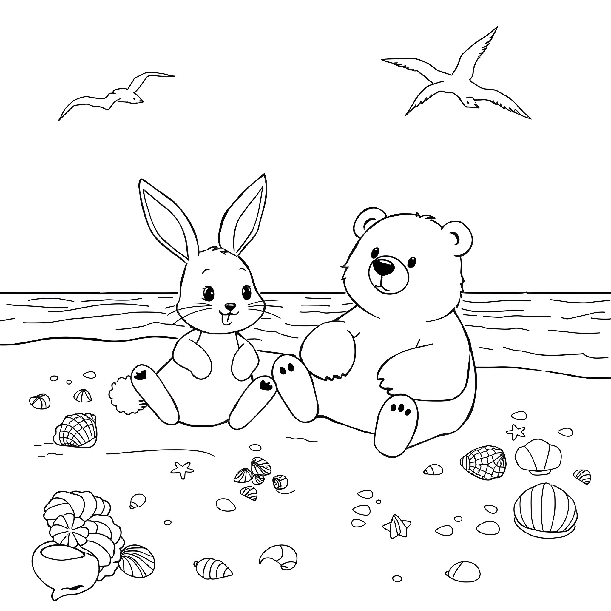 Bunny and bear playing by the seashore Coloring Page (free black-and-white line drawing printable PDF for all, from beginners to advanced learners, including children, teens, adults, and seniors)