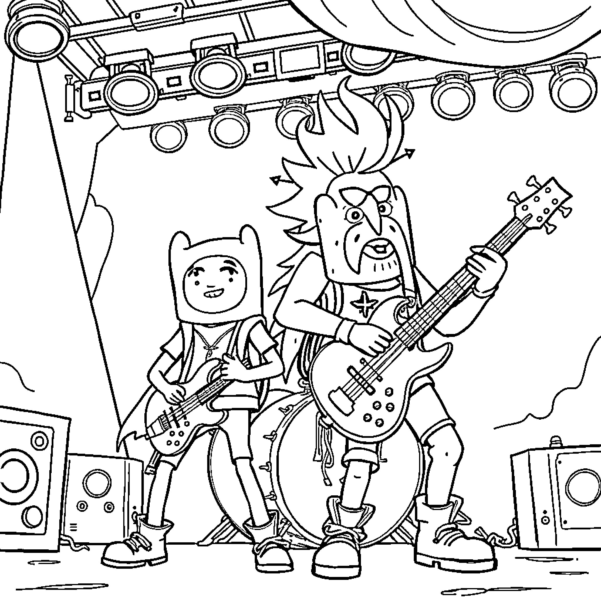 Finn and Jake rocking out on stage Coloring Page (free black-and-white line drawing printable PDF for all, from beginners to advanced learners, including children, teens, adults, and seniors)