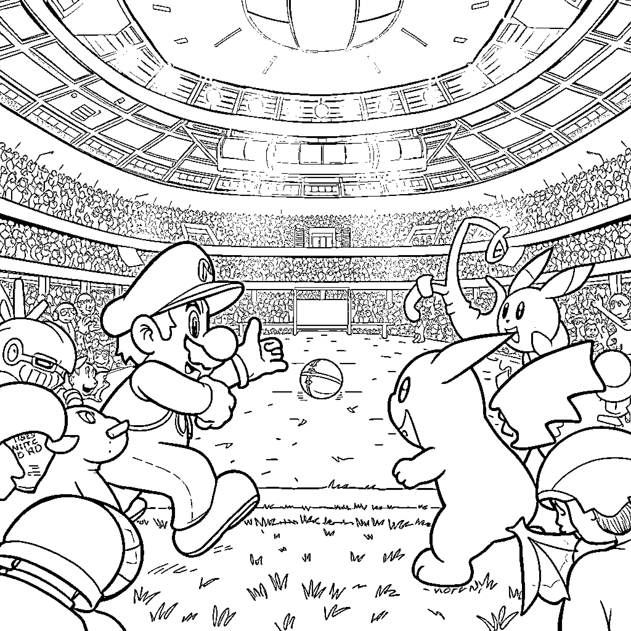 Super Mario and Friends Playing in Stadium Coloring Page (free black-and-white line drawing printable PDF for all, from beginners to advanced learners, including children, teens, adults, and seniors)