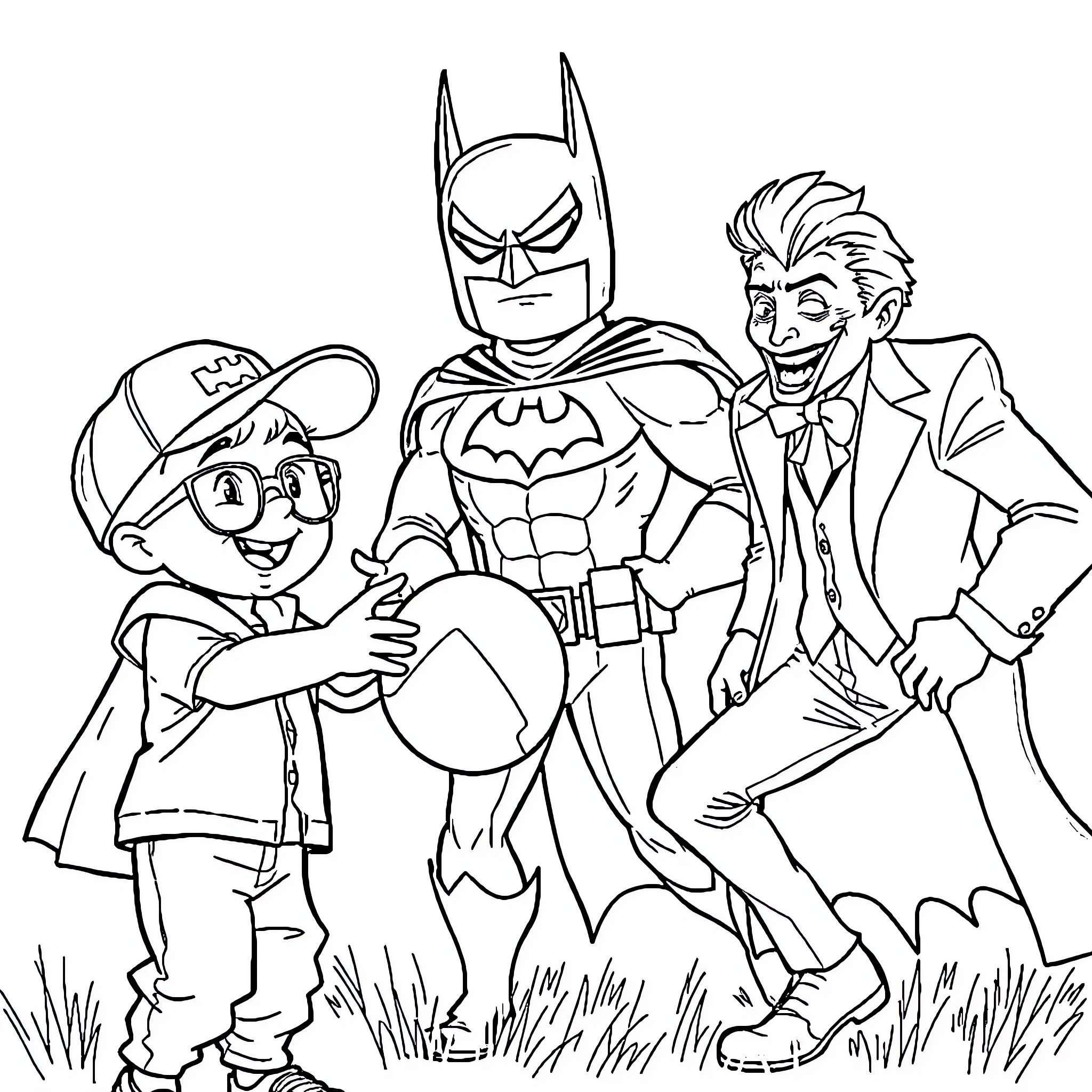 Boy superheroes and villain in costume adventure Coloring Page (free black-and-white line drawing printable PDF for all, from beginners to advanced learners, including children, teens, adults, and seniors)
