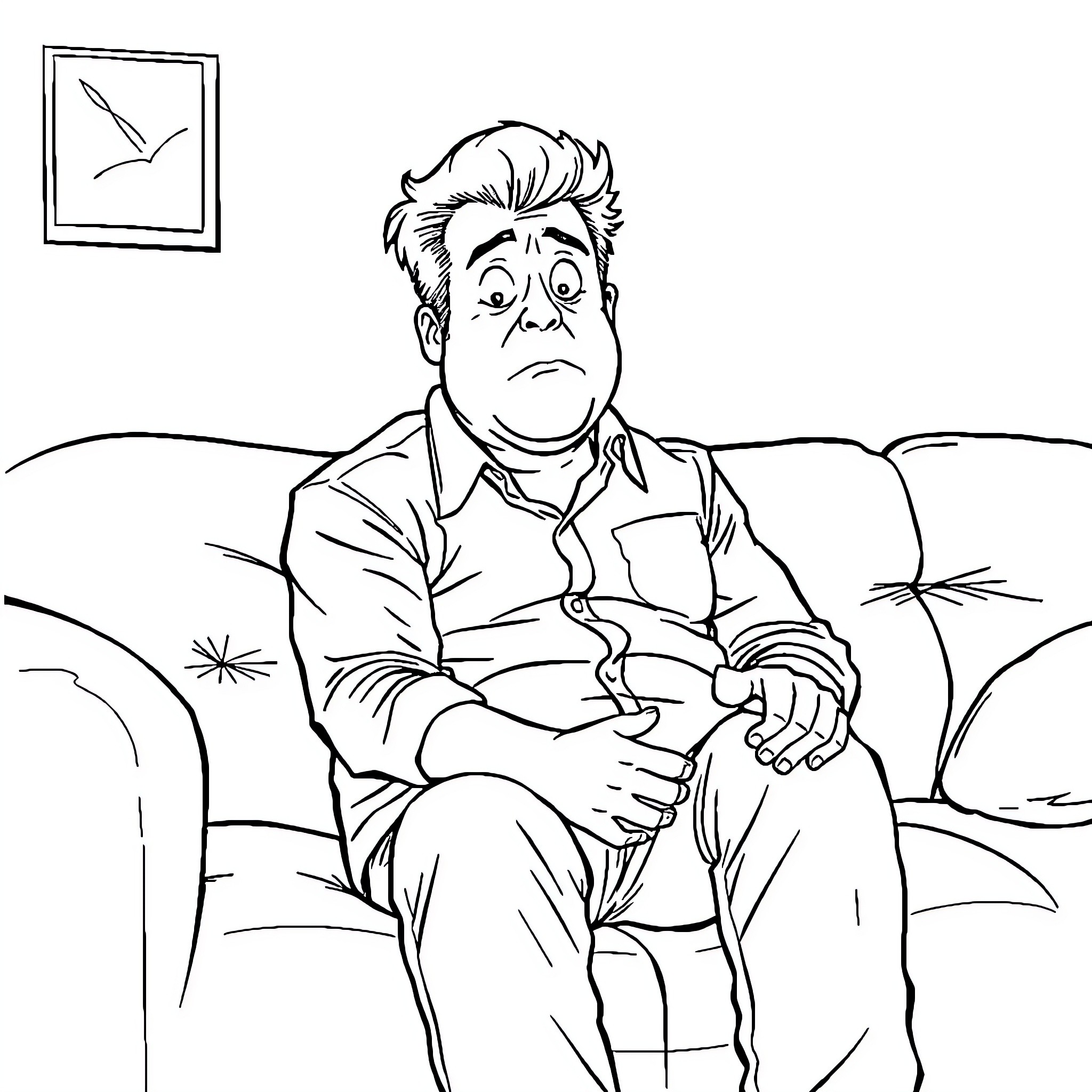 Jd Vance looks pensive on the sofa Coloring Page (free black-and-white line drawing printable PDF for all, from beginners to advanced learners, including children, teens, adults, and seniors)