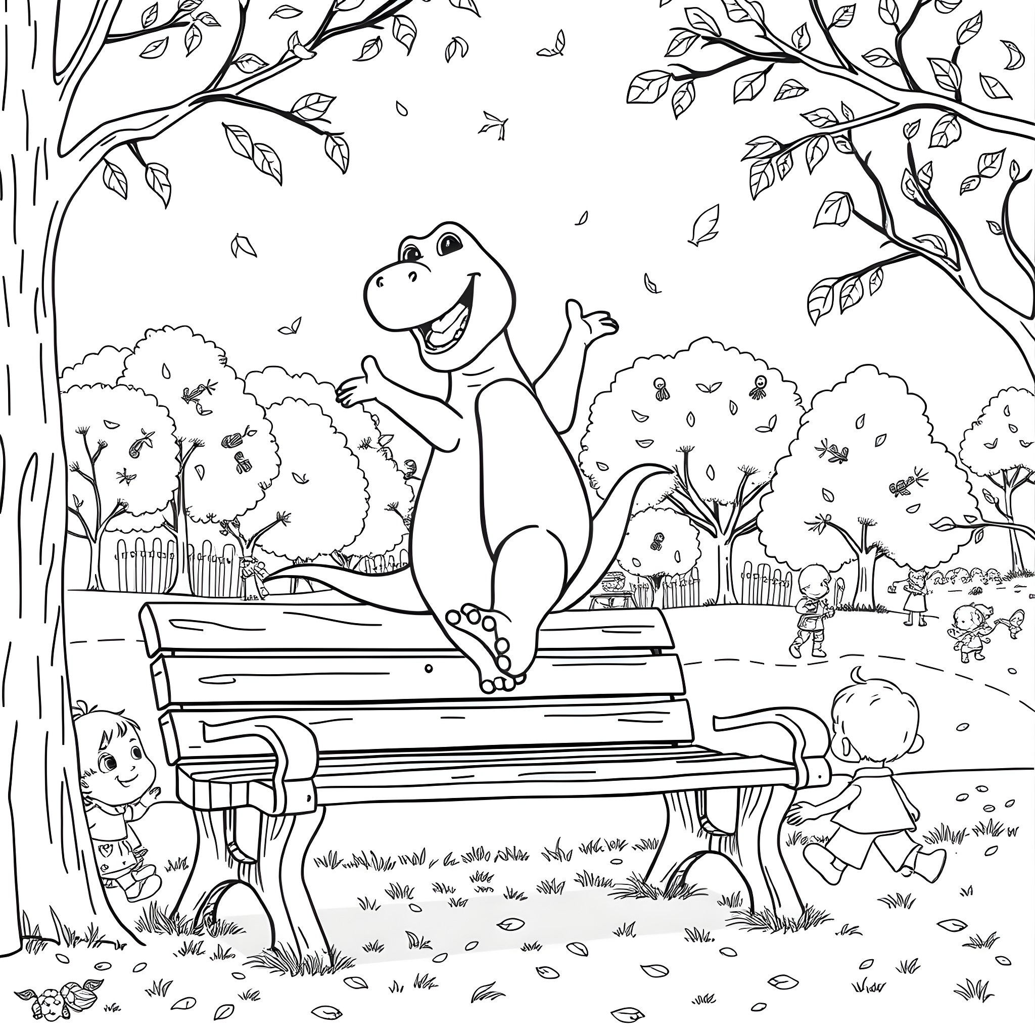 Barney having fun in the park with children Coloring Page (free black-and-white line drawing printable PDF for all, from beginners to advanced learners, including children, teens, adults, and seniors)