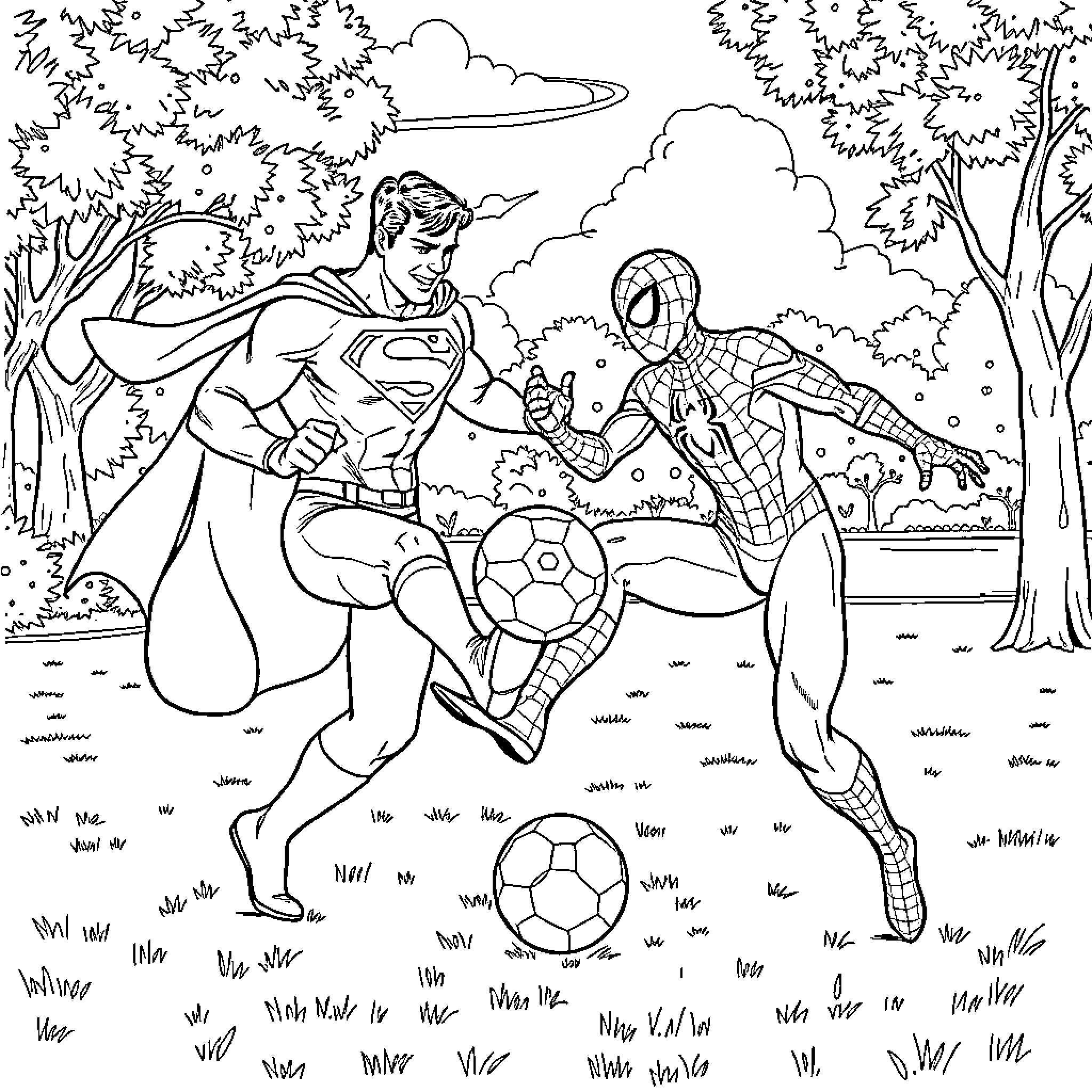 Superman and Spider-Man playing soccer in a park Coloring Page (free black-and-white line drawing printable PDF for all, from beginners to advanced learners, including children, teens, adults, and seniors)