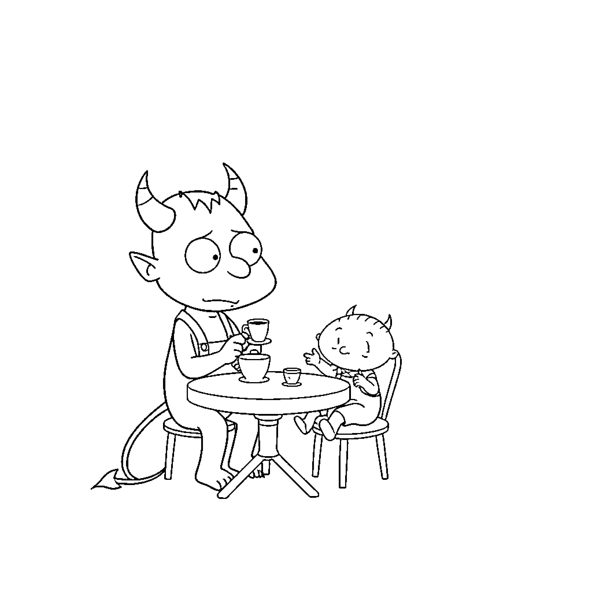 Devil Creatures Enjoying a Friendly Tea Party Coloring Page (free black-and-white line drawing printable PDF for all, from beginners to advanced learners, including children, teens, adults, and seniors)