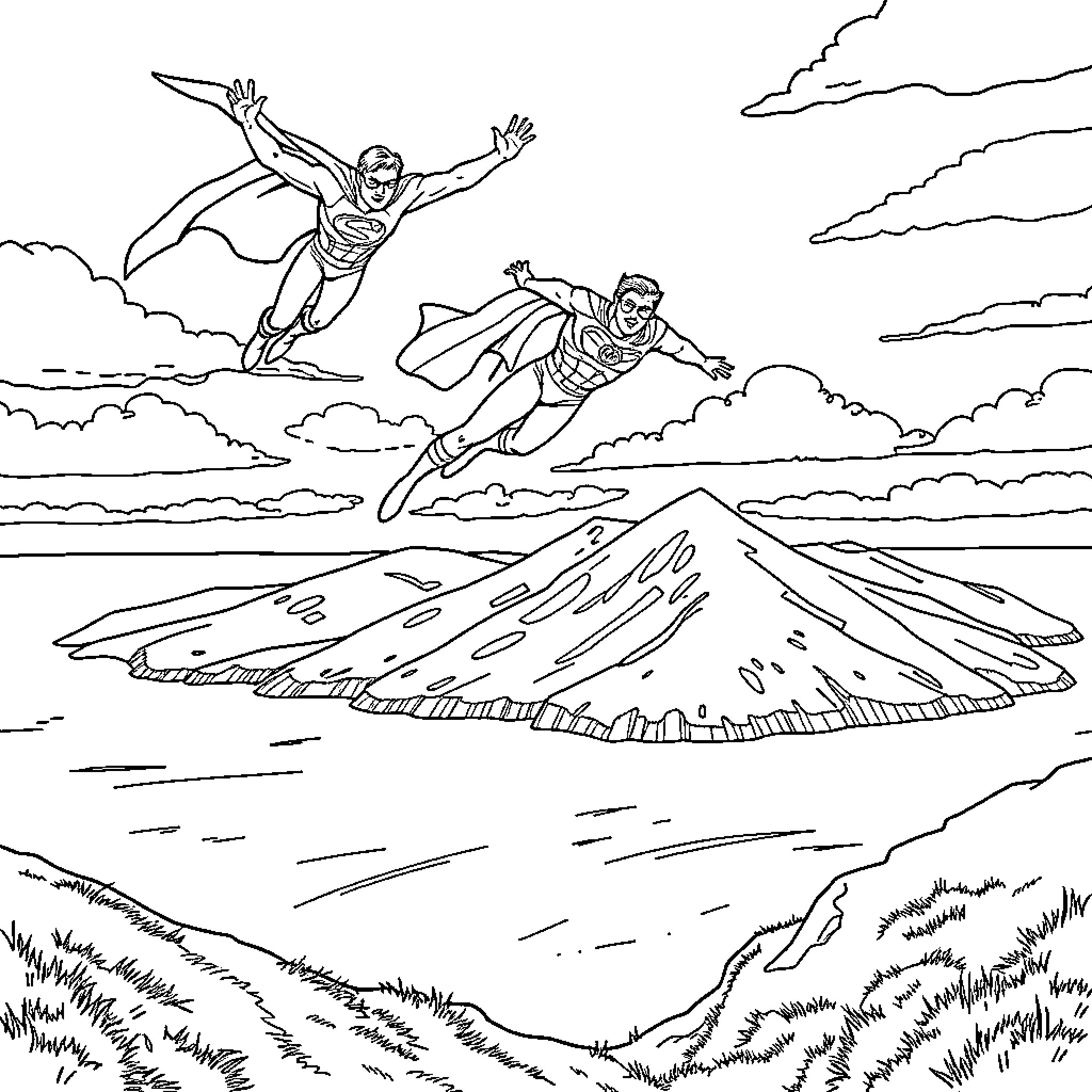 Superhero duo soaring over majestic mountains Coloring Page (free black-and-white line drawing printable PDF for all, from beginners to advanced learners, including children, teens, adults, and seniors)