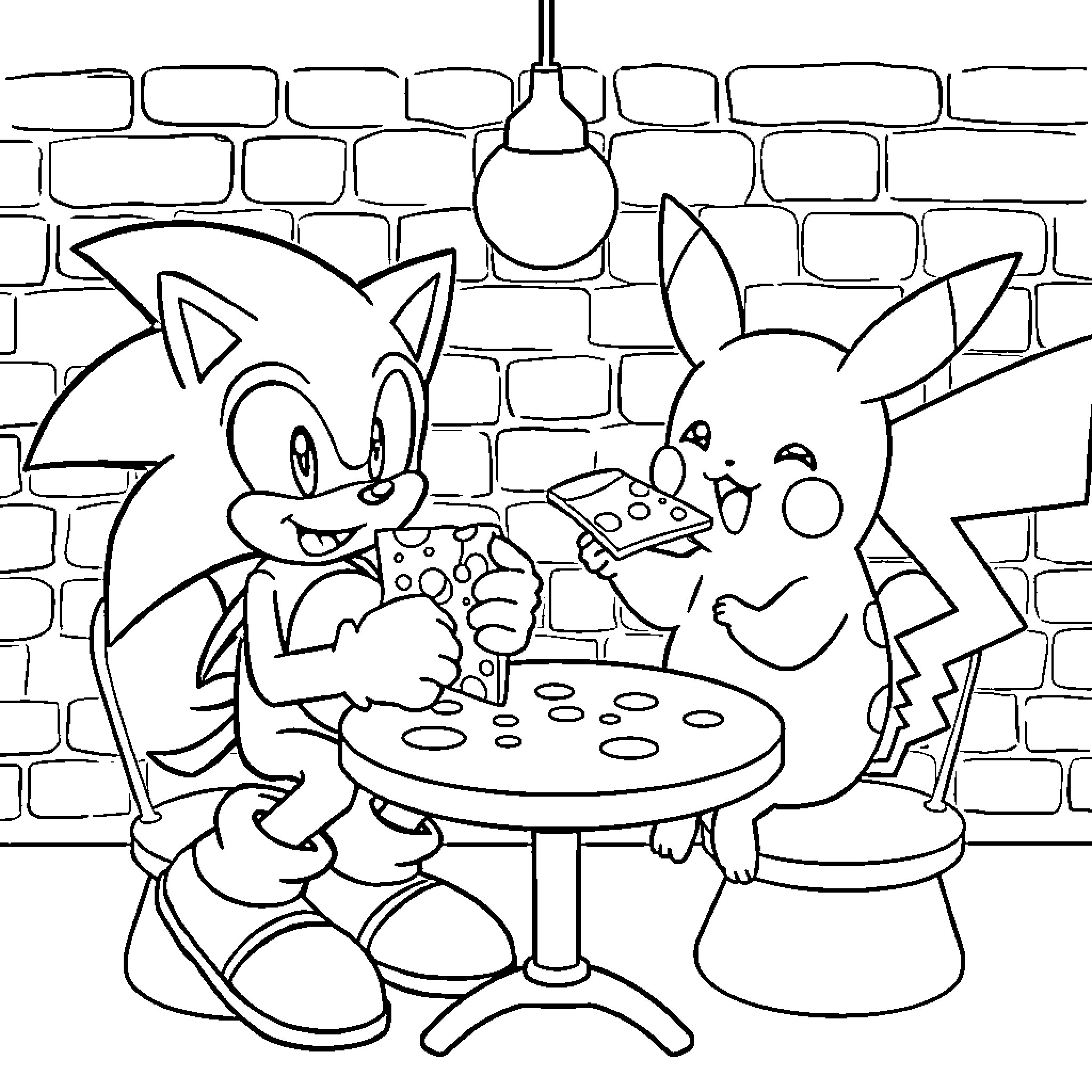 Sonic and friends enjoying pizza in a cozy cafe Coloring Page (free black-and-white line drawing printable PDF for all, from beginners to advanced learners, including children, teens, adults, and seniors)